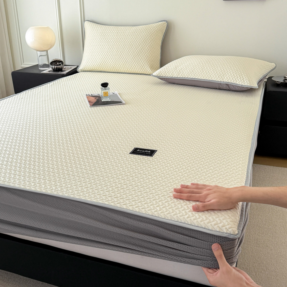 倾慕家纺 2026春夏新款全PE冰豆豆全包围床笠款凉席席子 箭纹米白