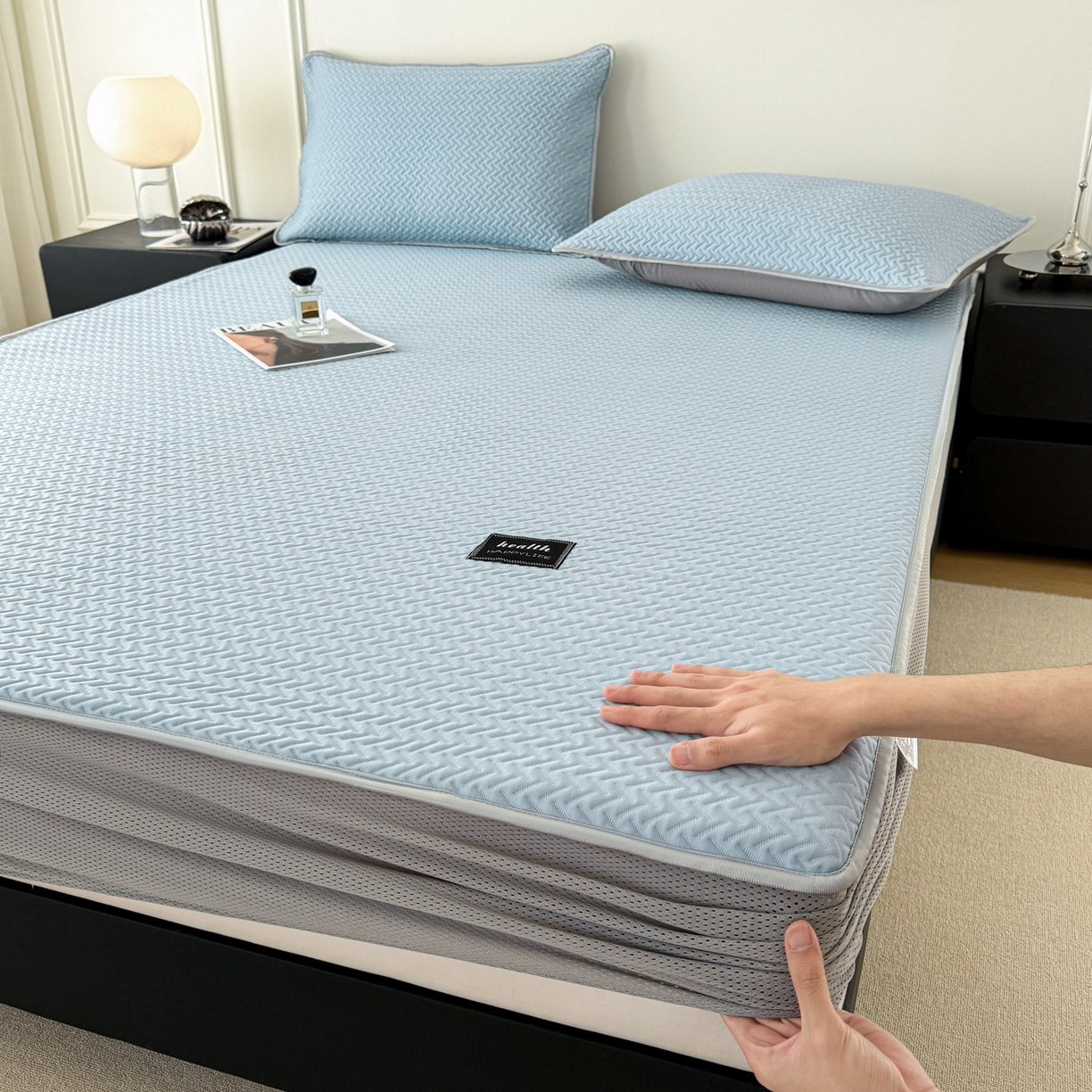 倾慕家纺 2026春夏新款全PE冰豆豆全包围床笠款凉席席子 箭纹蓝