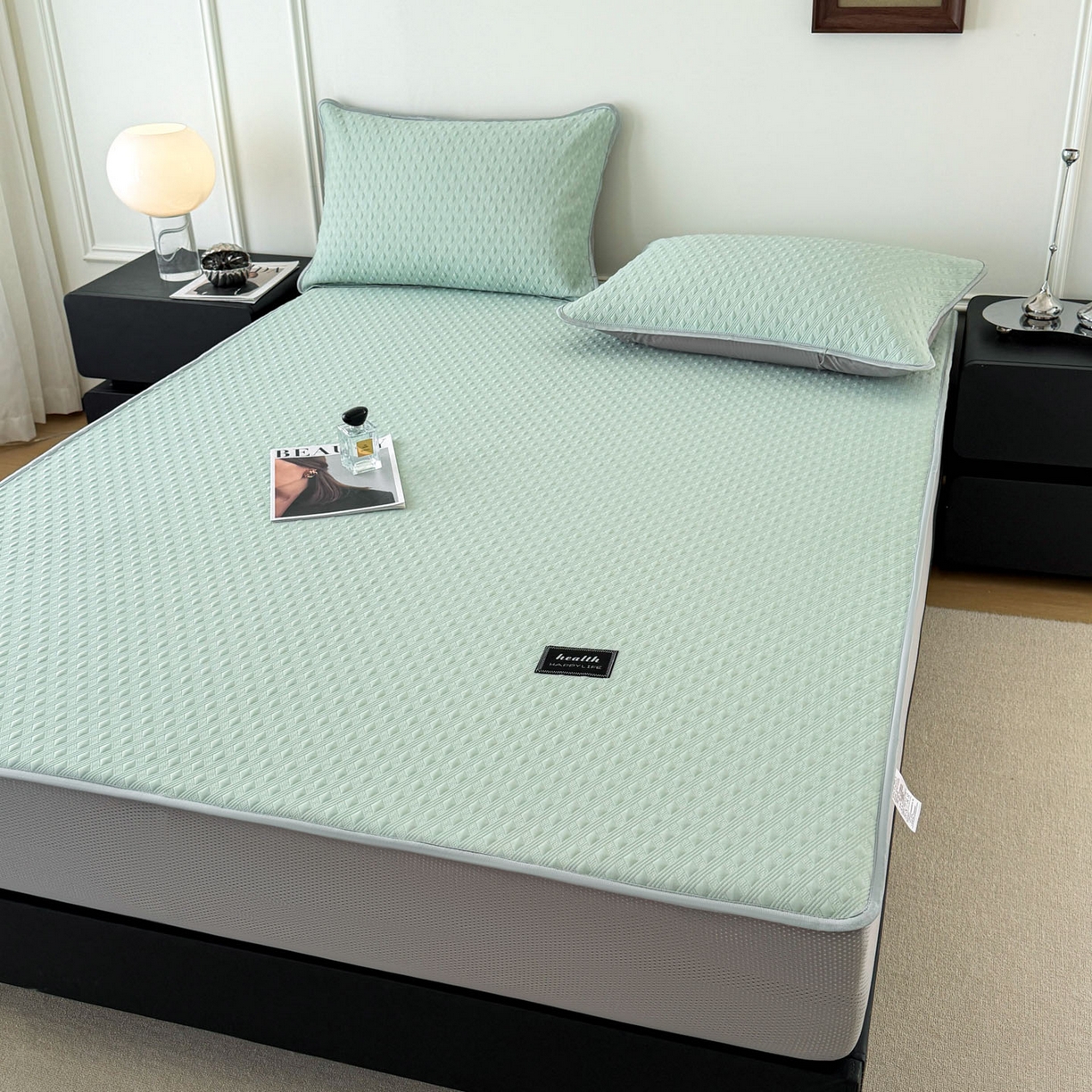 91家纺网 家纺一手货源 找家纺 倾慕家纺 2026春夏新款全PE冰豆豆全包围床笠款凉席席子 菱形泡绿