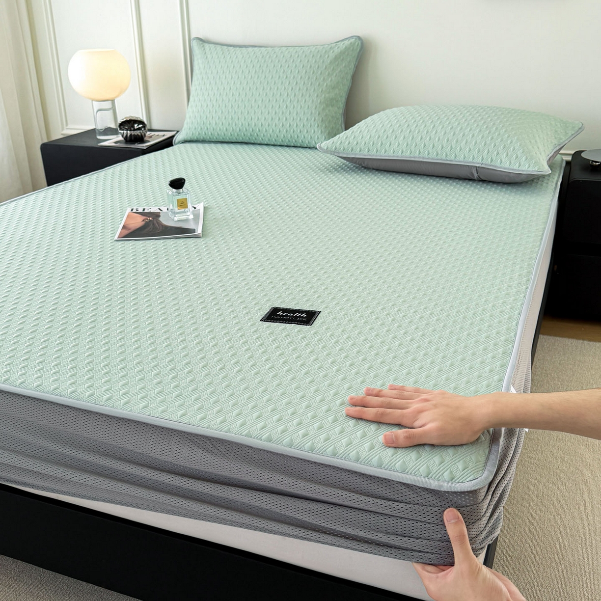 倾慕家纺 2026春夏新款全PE冰豆豆全包围床笠款凉席席子 菱形泡绿