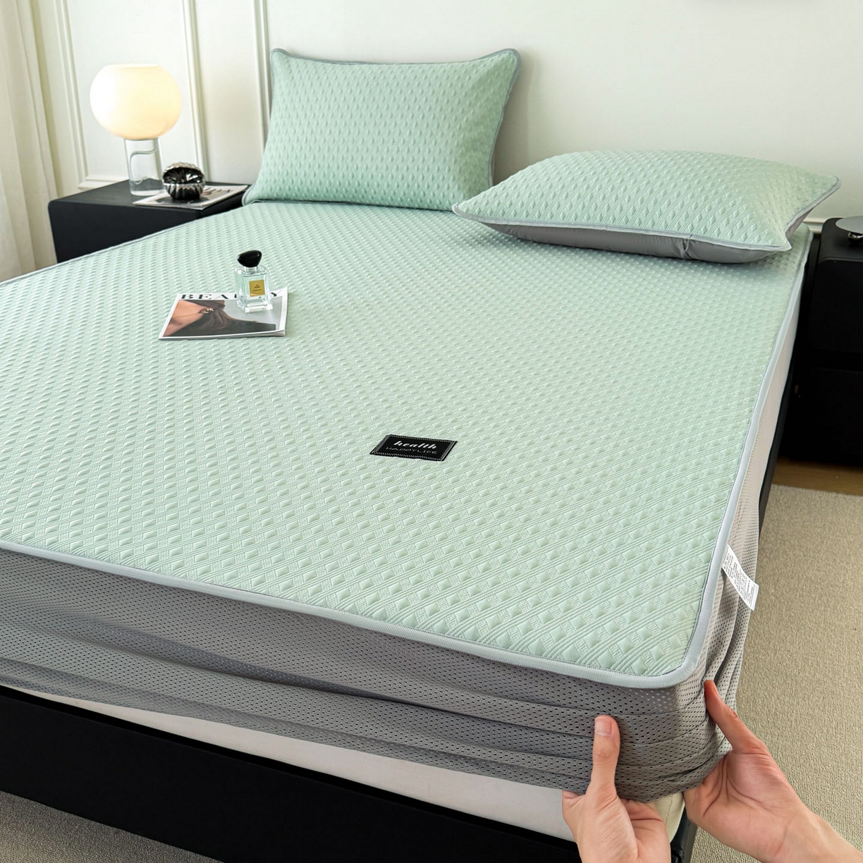 91家纺网 家纺一手货源 找家纺 倾慕家纺 2026春夏新款全PE冰豆豆全包围床笠款凉席席子 菱形泡绿