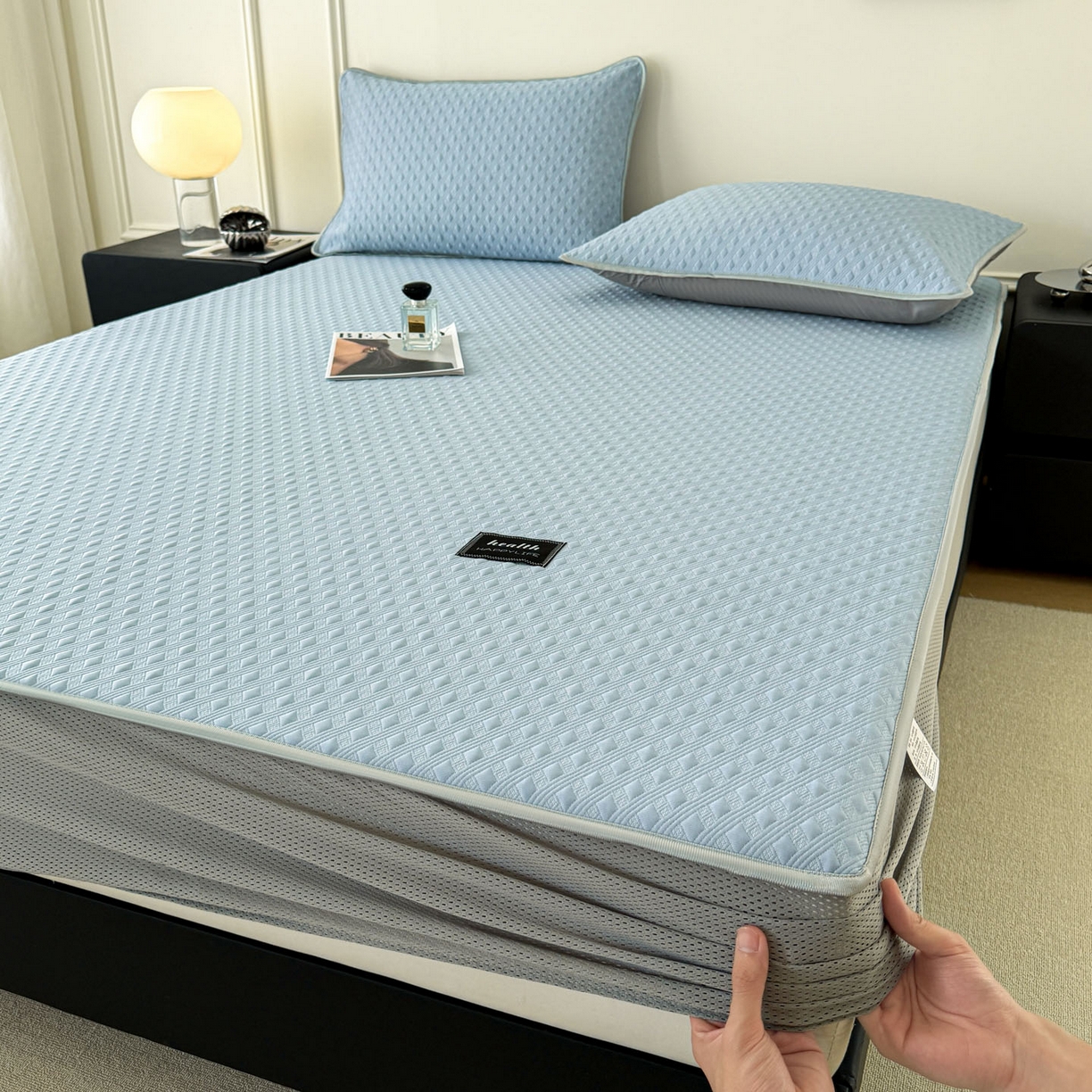 91家纺网 家纺一手货源 找家纺 倾慕家纺 2026春夏新款全PE冰豆豆全包围床笠款凉席席子 菱形泡蓝