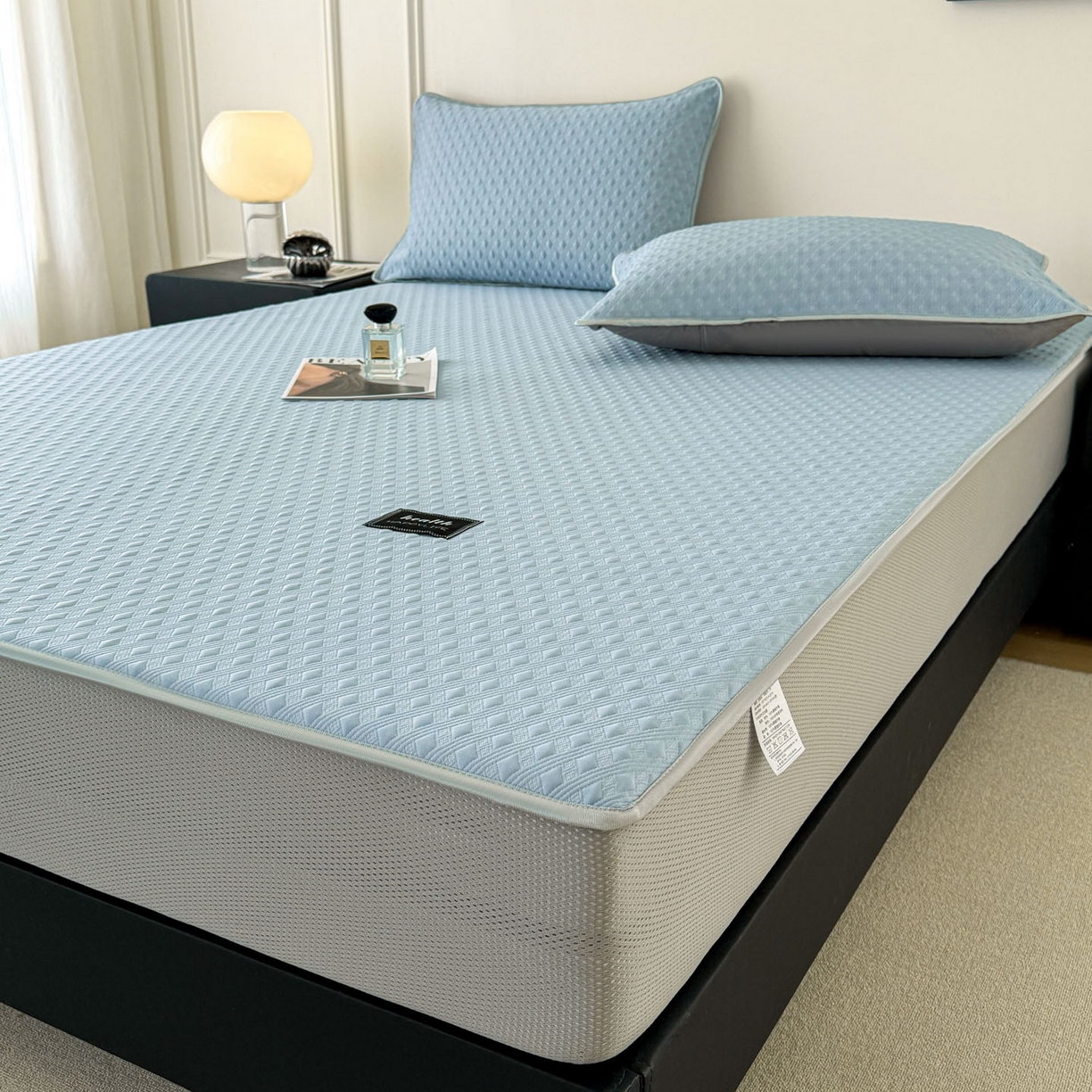 91家纺网 家纺一手货源 找家纺 倾慕家纺 2026春夏新款全PE冰豆豆全包围床笠款凉席席子 菱形泡蓝