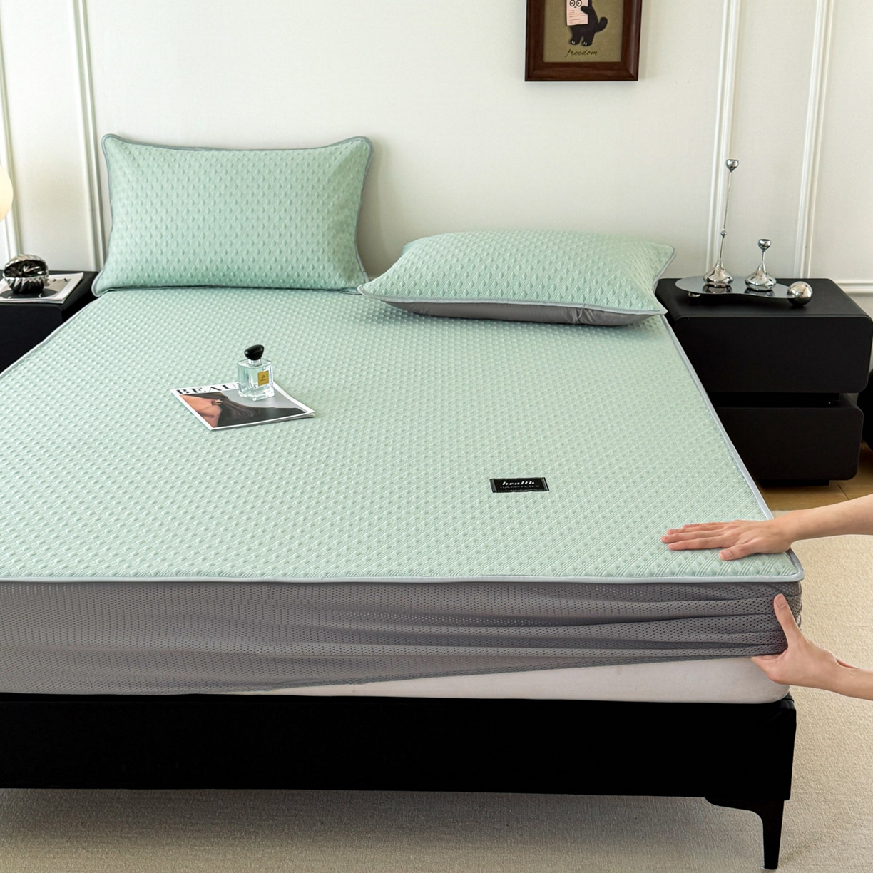 91家纺网 家纺一手货源 找家纺 倾慕家纺 2026春夏新款全PE冰豆豆全包围床笠款凉席席子 菱形泡绿