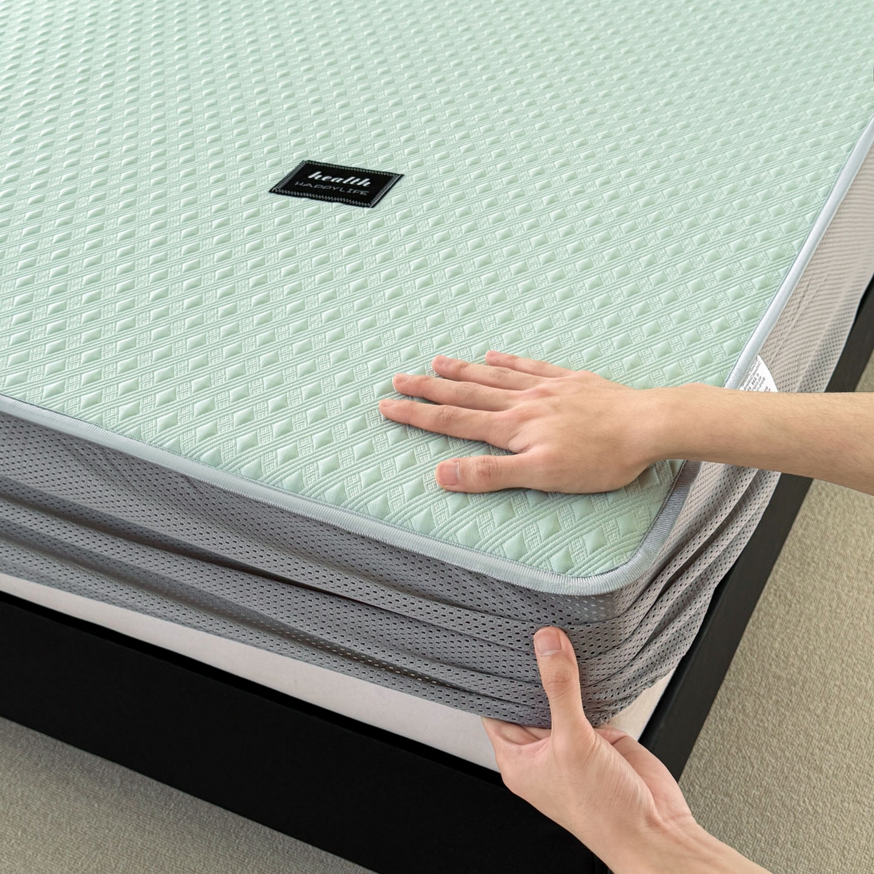 91家纺网 家纺一手货源 找家纺 倾慕家纺 2026春夏新款全PE冰豆豆全包围床笠款凉席席子 菱形泡绿