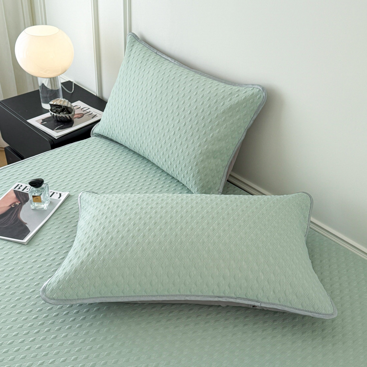 91家纺网 家纺一手货源 找家纺 倾慕家纺 2026春夏新款全PE冰豆豆全包围床笠款凉席席子 菱形泡绿