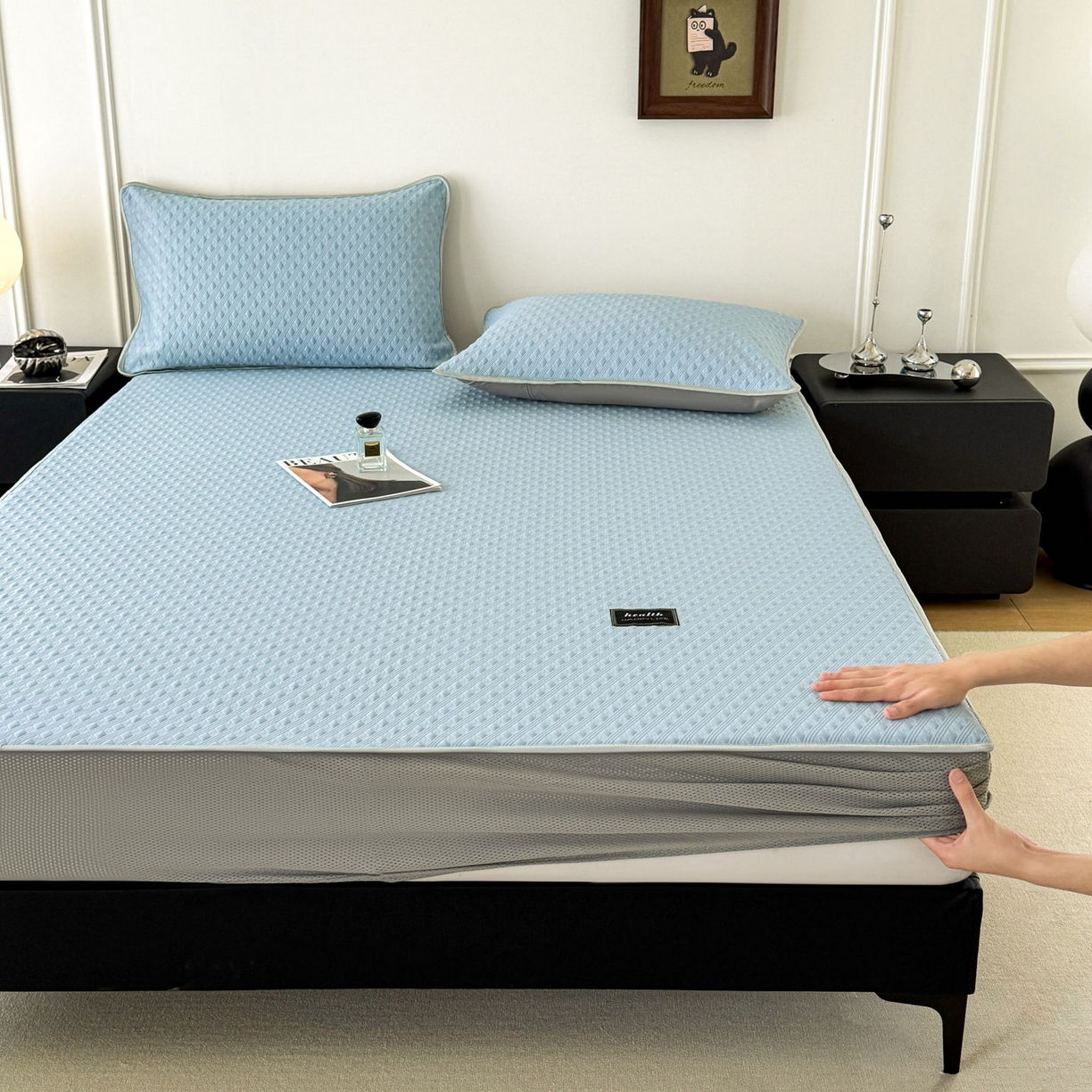 91家纺网 家纺一手货源 找家纺 倾慕家纺 2026春夏新款全PE冰豆豆全包围床笠款凉席席子 菱形泡蓝