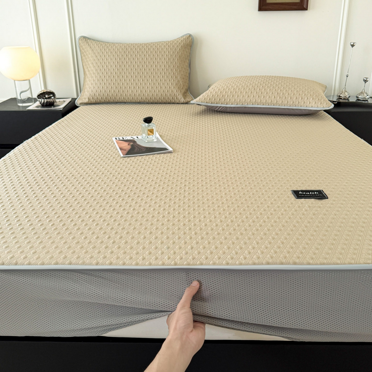 91家纺网 家纺一手货源 找家纺 倾慕家纺 2026春夏新款全PE冰豆豆全包围床笠款凉席席子 菱形泡香槟