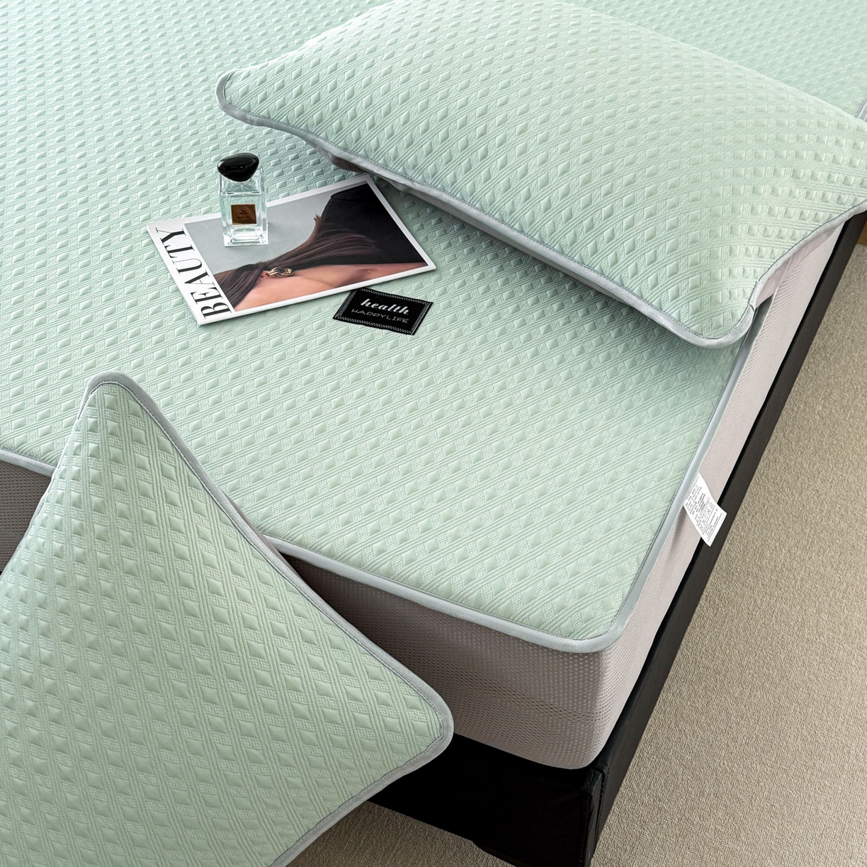 91家纺网 家纺一手货源 找家纺 倾慕家纺 2026春夏新款全PE冰豆豆全包围床笠款凉席席子 菱形泡绿