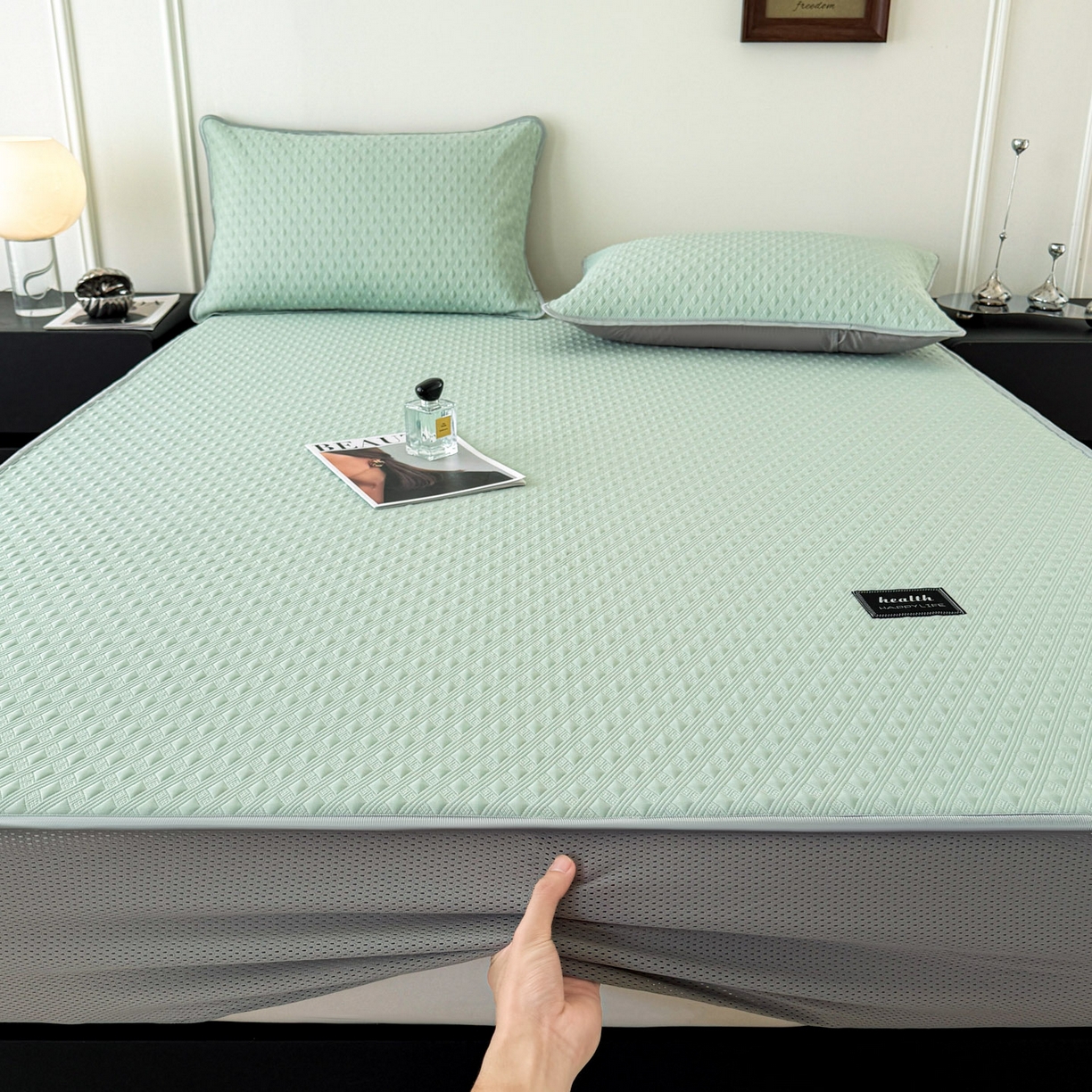 91家纺网 家纺一手货源 找家纺 倾慕家纺 2026春夏新款全PE冰豆豆全包围床笠款凉席席子 菱形泡绿