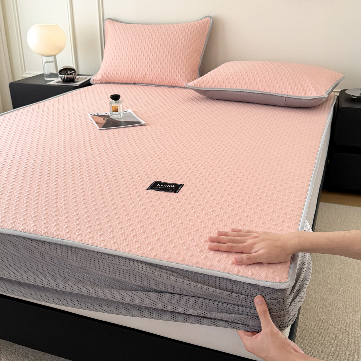 倾慕家纺 2026春夏新款全PE冰豆豆全包围床笠款凉席席子 菱形泡粉