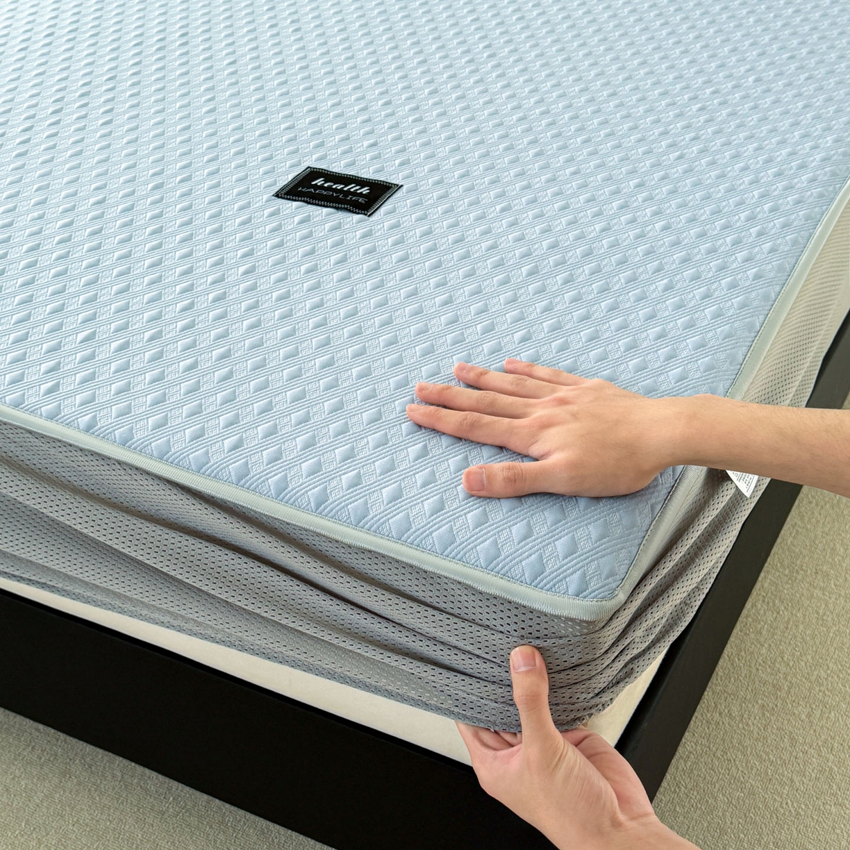 91家纺网 家纺一手货源 找家纺 倾慕家纺 2026春夏新款全PE冰豆豆全包围床笠款凉席席子 菱形泡蓝