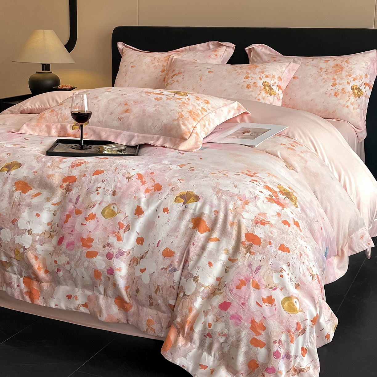 91家纺网 家纺一手货源 找家纺 经年 2026春夏新款天丝数码印花四件套-花漾蝶影 花漾蝶影-粉玉