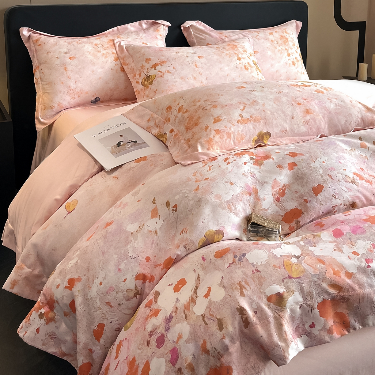 91家纺网 家纺一手货源 找家纺 经年 2026春夏新款天丝数码印花四件套-花漾蝶影 花漾蝶影-粉玉