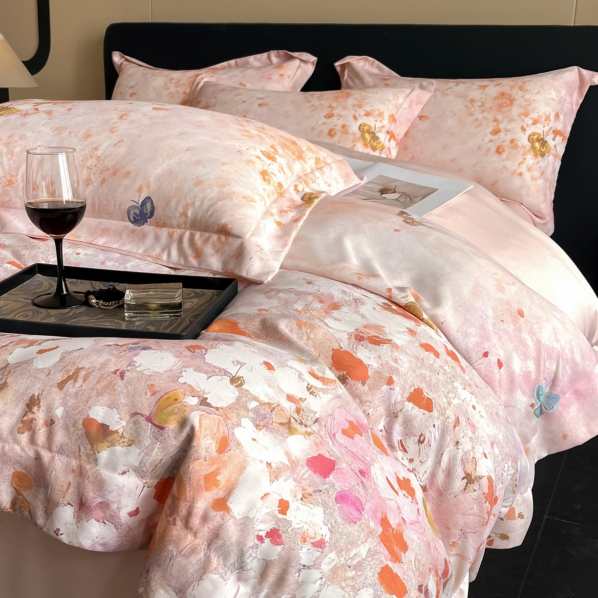 91家纺网 家纺一手货源 找家纺 经年 2026春夏新款天丝数码印花四件套-花漾蝶影 花漾蝶影-粉玉