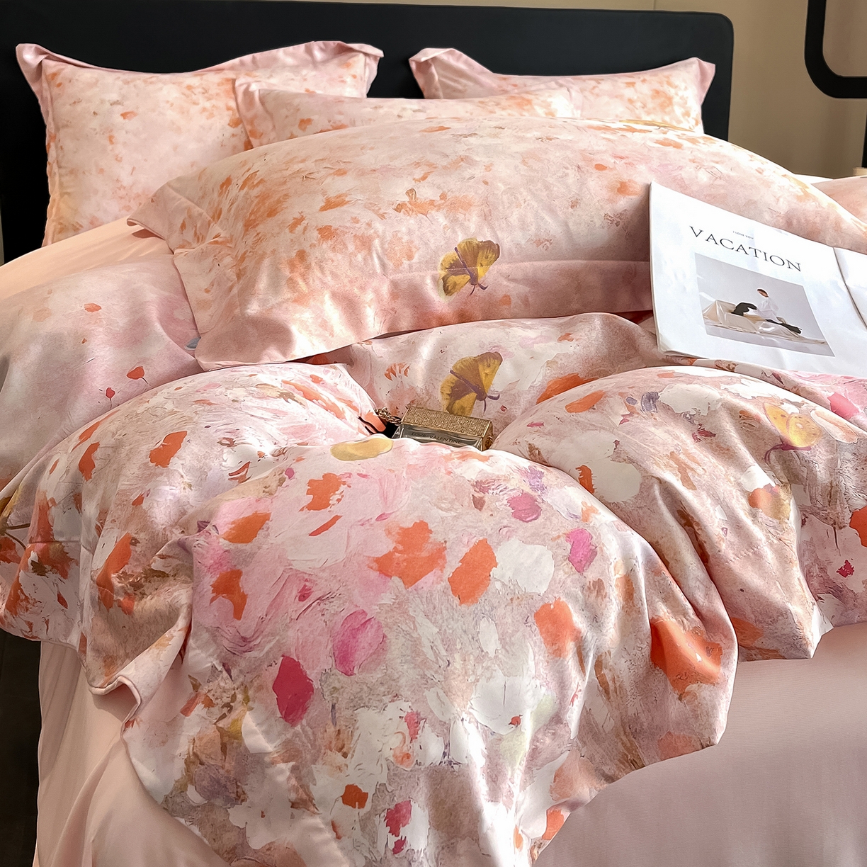 91家纺网 家纺一手货源 找家纺 经年 2026春夏新款天丝数码印花四件套-花漾蝶影 花漾蝶影-粉玉