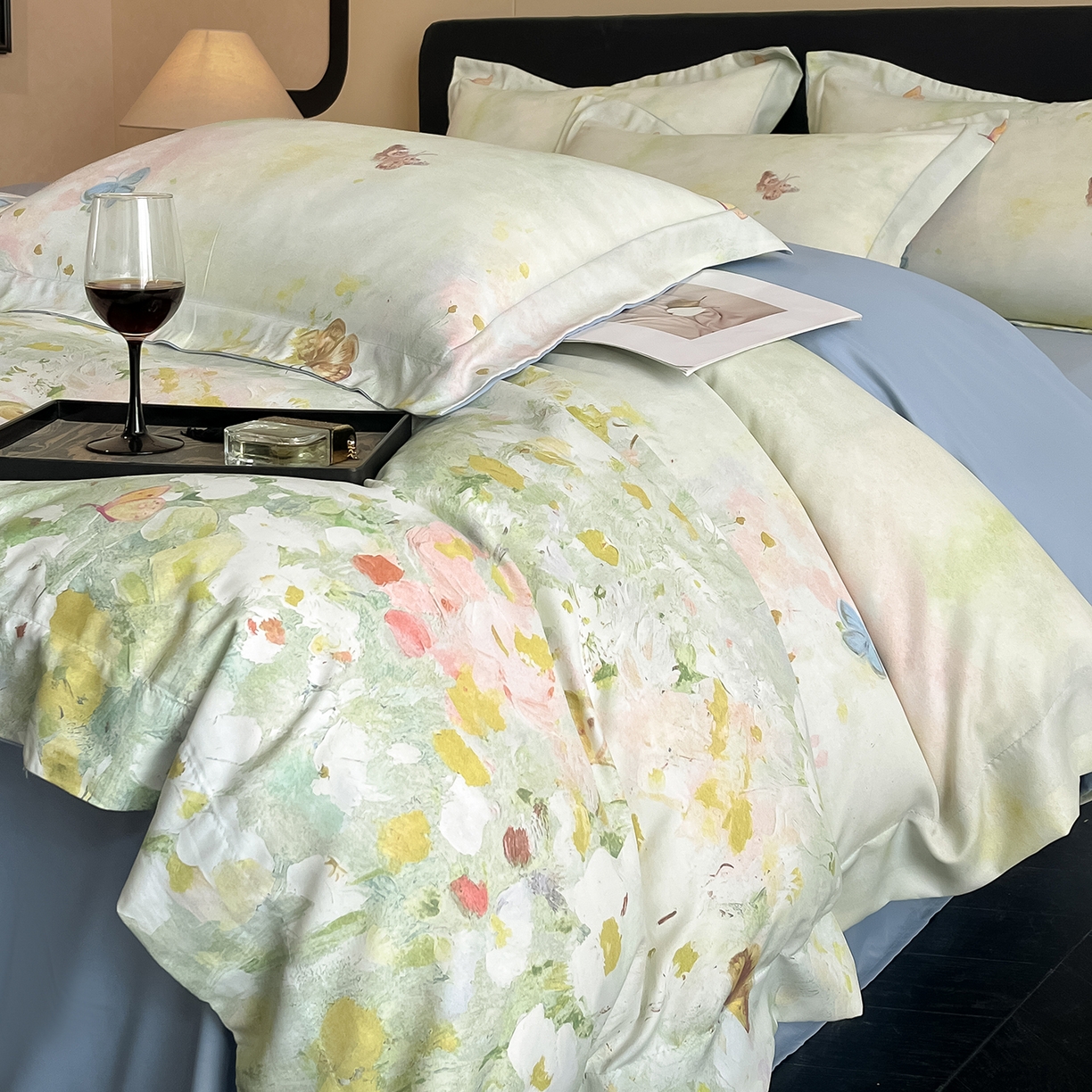 经年 2026春夏新款天丝数码印花四件套-花漾蝶影 花漾蝶影-绿蓝