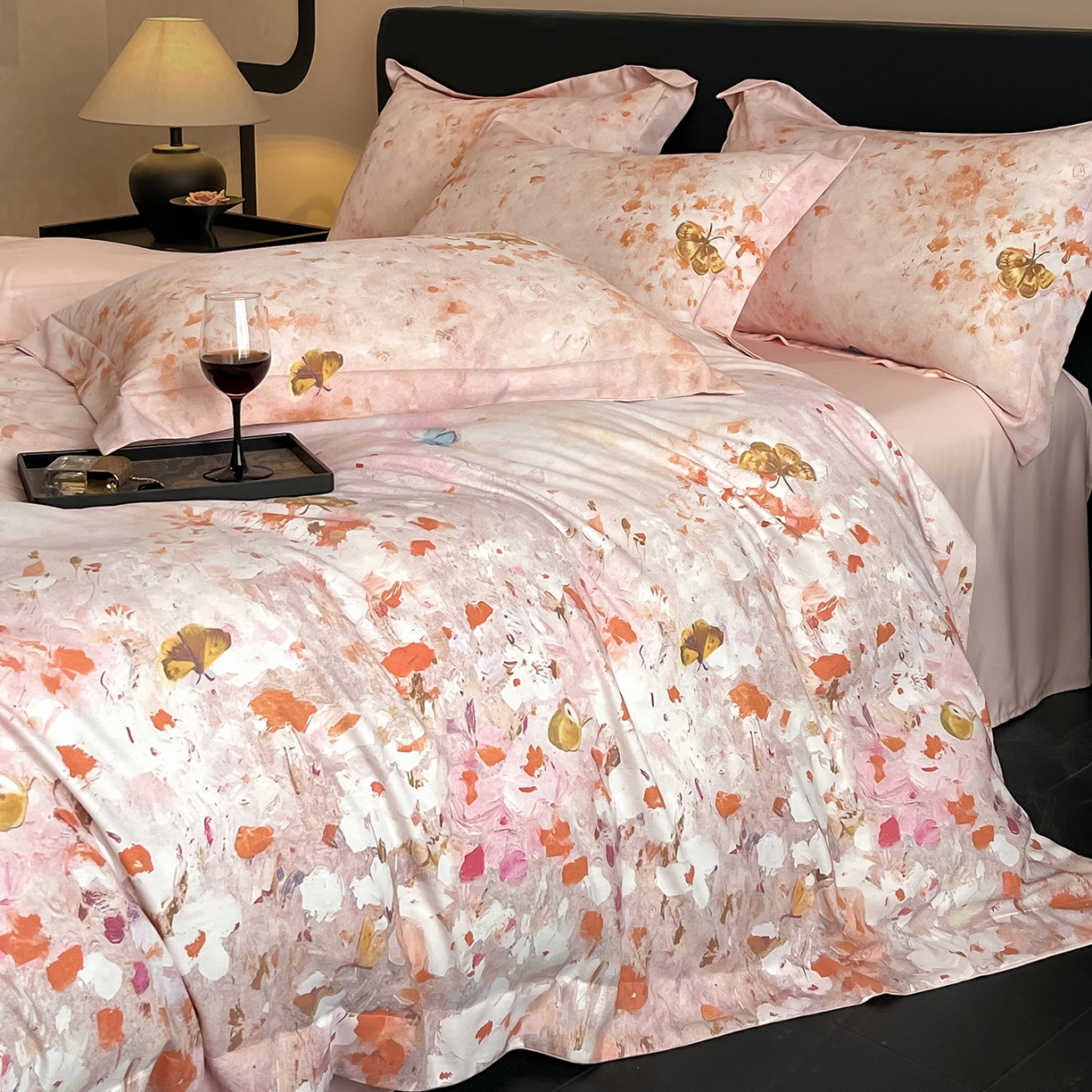 91家纺网 家纺一手货源 找家纺 经年 2026春夏新款天丝数码印花四件套-花漾蝶影 花漾蝶影-粉玉