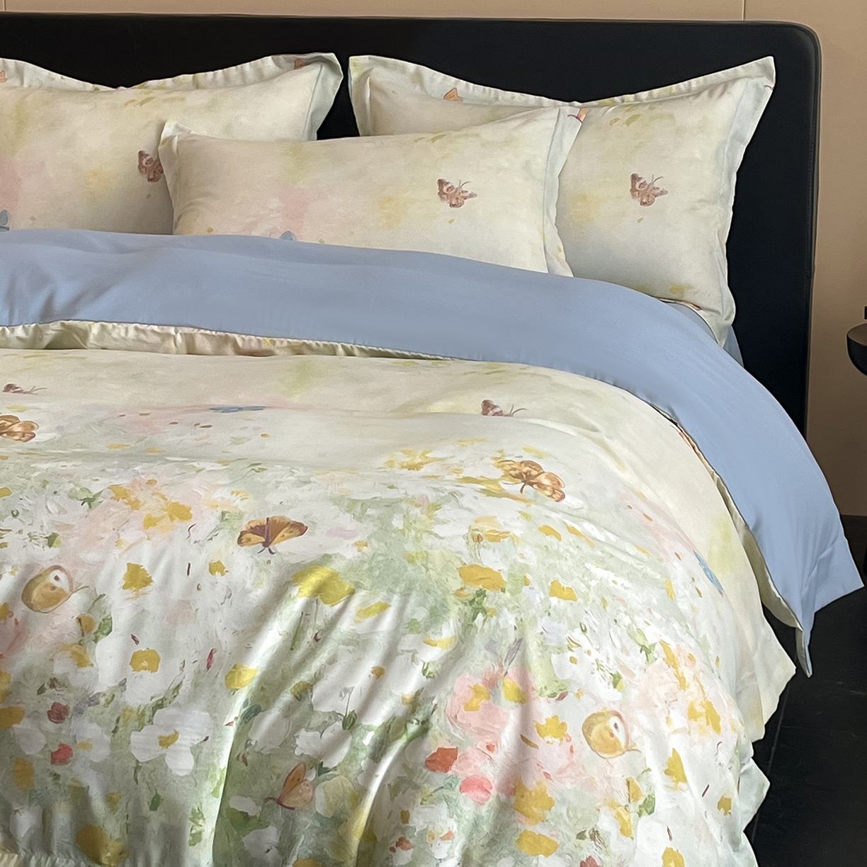 91家纺网 家纺一手货源 找家纺 经年 2026春夏新款天丝数码印花四件套-花漾蝶影 花漾蝶影-绿蓝