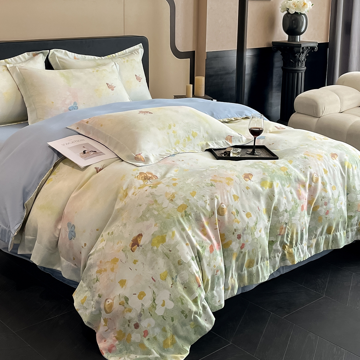 91家纺网 家纺一手货源 找家纺 经年 2026春夏新款天丝数码印花四件套-花漾蝶影 花漾蝶影-绿蓝