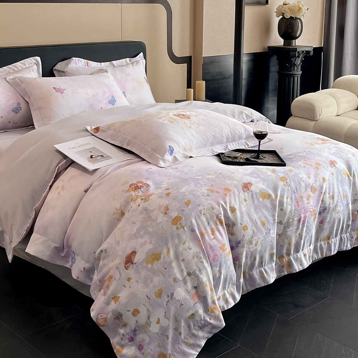 91家纺网 家纺一手货源 找家纺 经年 2026春夏新款天丝数码印花四件套-花漾蝶影 花漾蝶影-紫灰