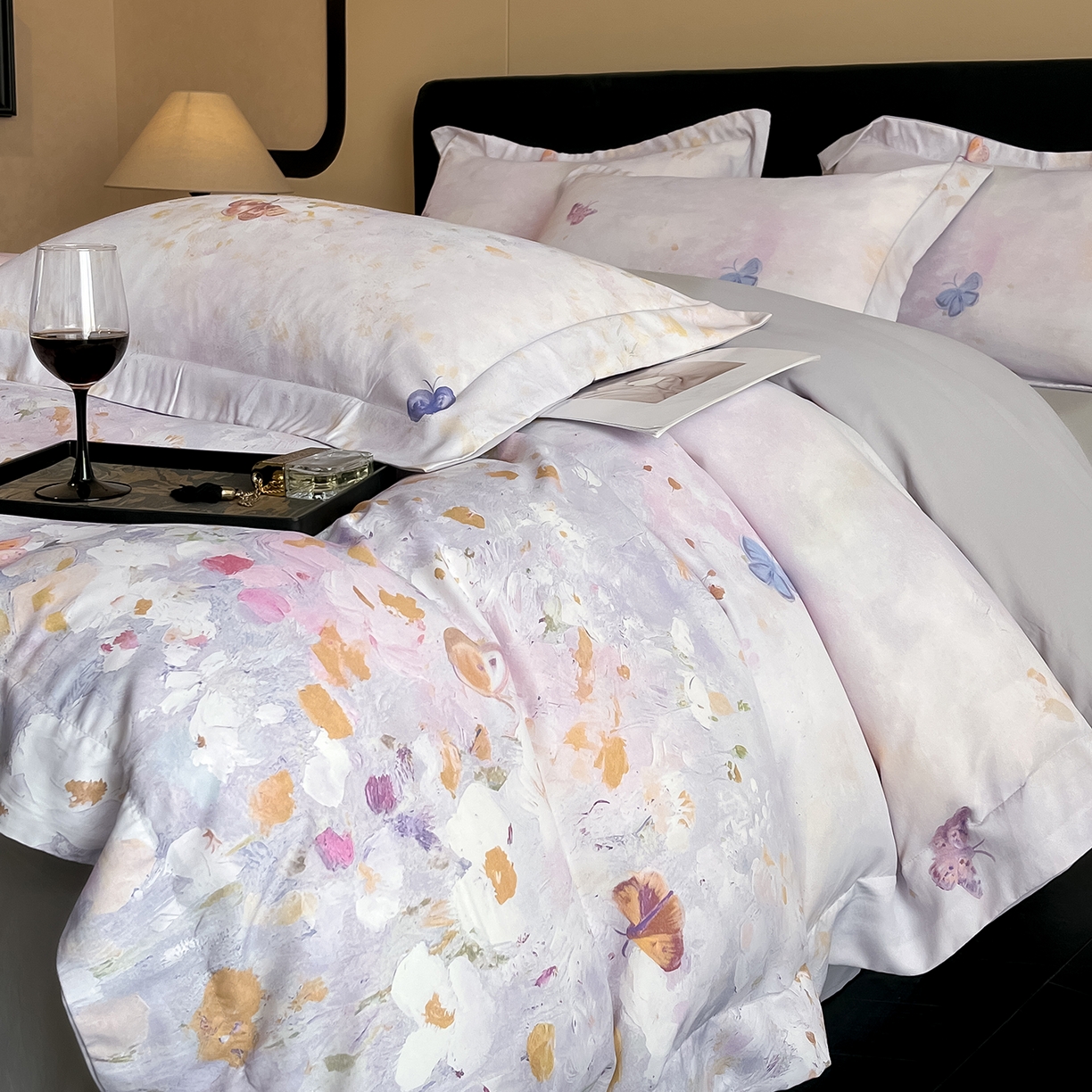 经年 2026春夏新款天丝数码印花四件套-花漾蝶影 花漾蝶影-紫灰