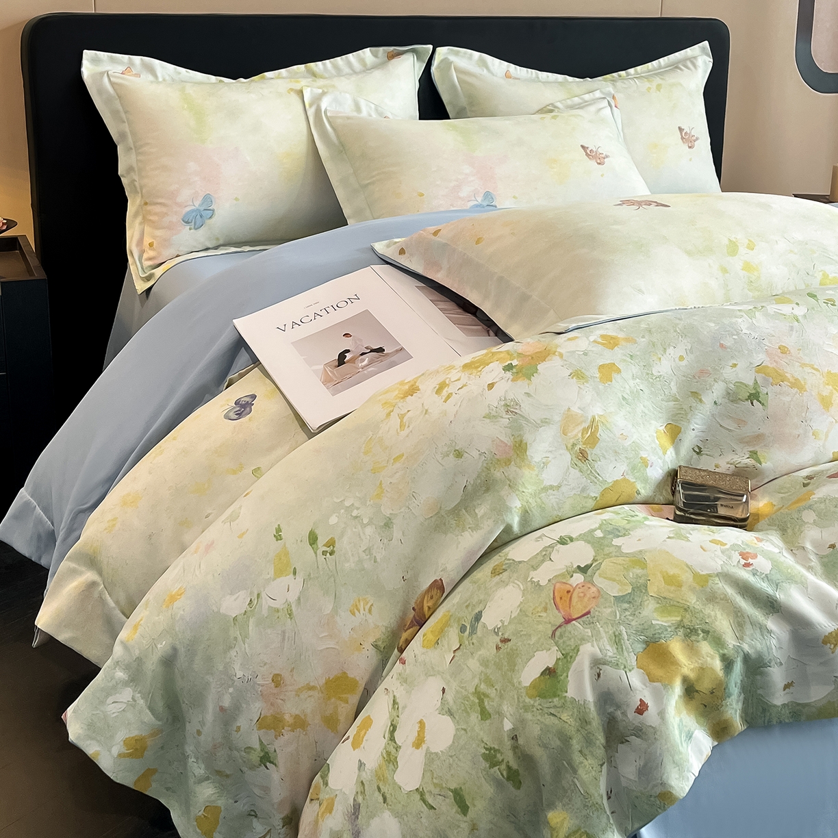 91家纺网 家纺一手货源 找家纺 经年 2026春夏新款天丝数码印花四件套-花漾蝶影 花漾蝶影-绿蓝