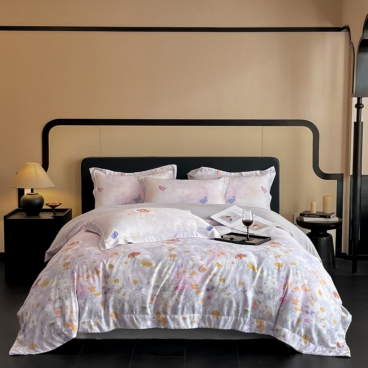 91家纺网 家纺一手货源 找家纺 经年 2026春夏新款天丝数码印花四件套-花漾蝶影 花漾蝶影-紫灰