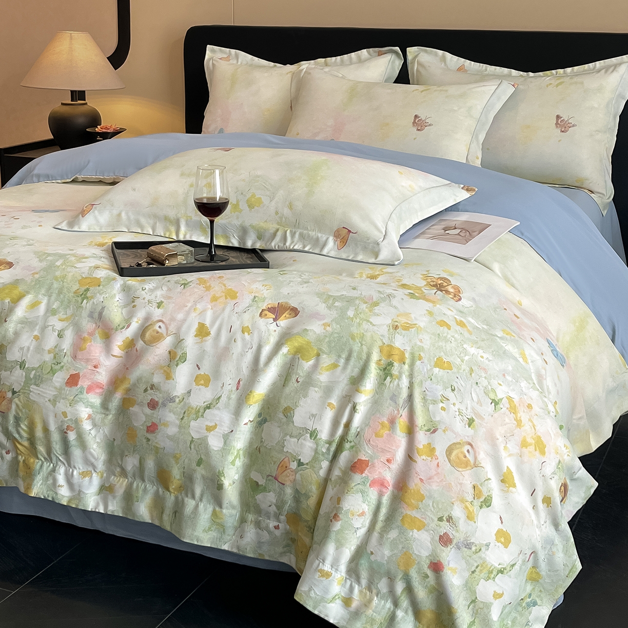 91家纺网 家纺一手货源 找家纺 经年 2026春夏新款天丝数码印花四件套-花漾蝶影 花漾蝶影-绿蓝