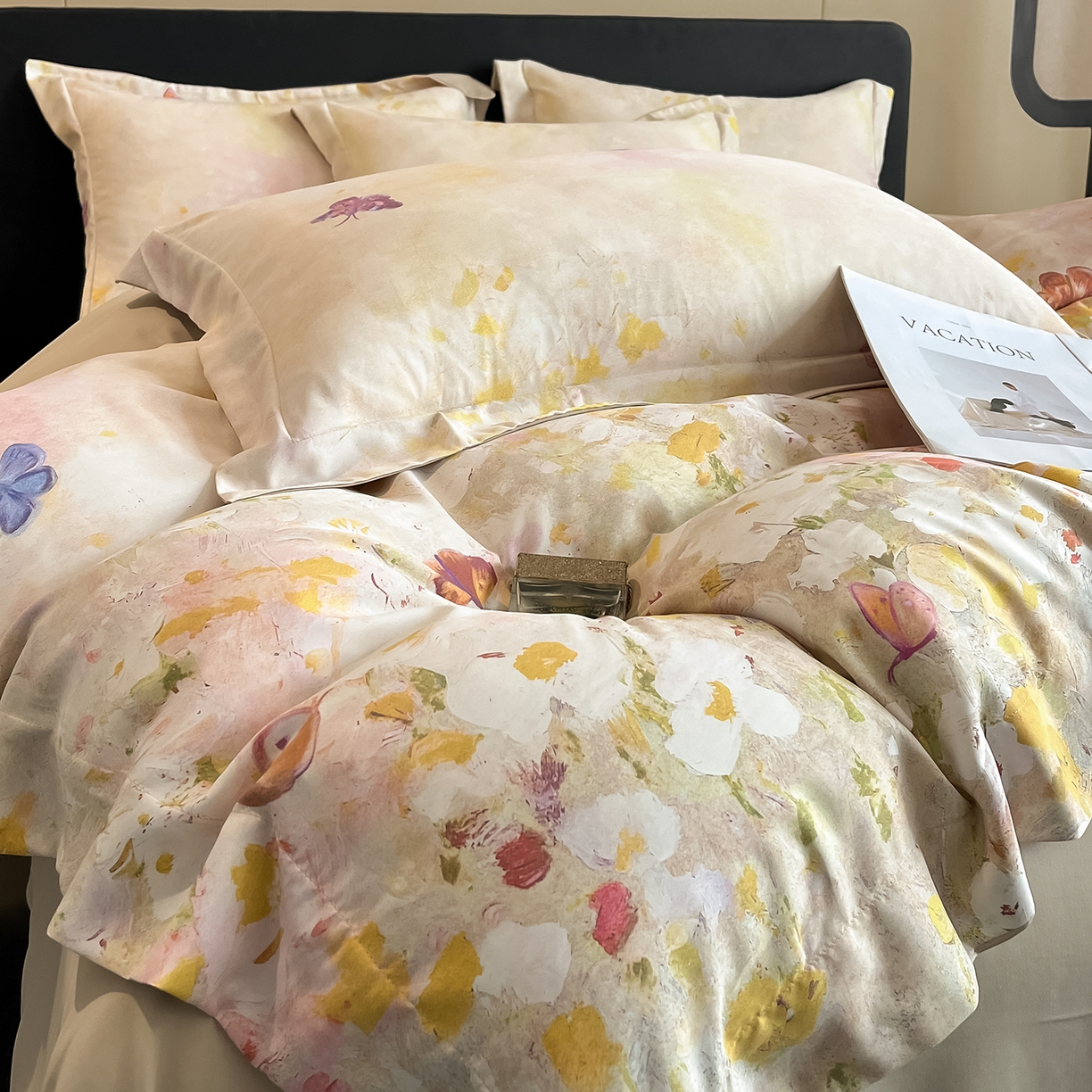 91家纺网 家纺一手货源 找家纺 经年 2026春夏新款天丝数码印花四件套-花漾蝶影 花漾蝶影-香槟