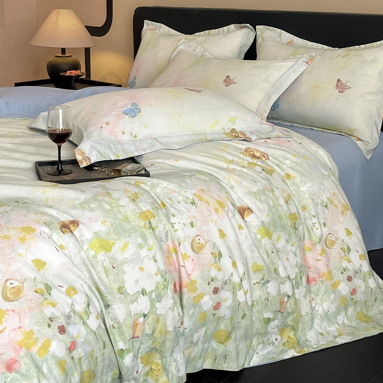 91家纺网 家纺一手货源 找家纺 经年 2026春夏新款天丝数码印花四件套-花漾蝶影 花漾蝶影-绿蓝