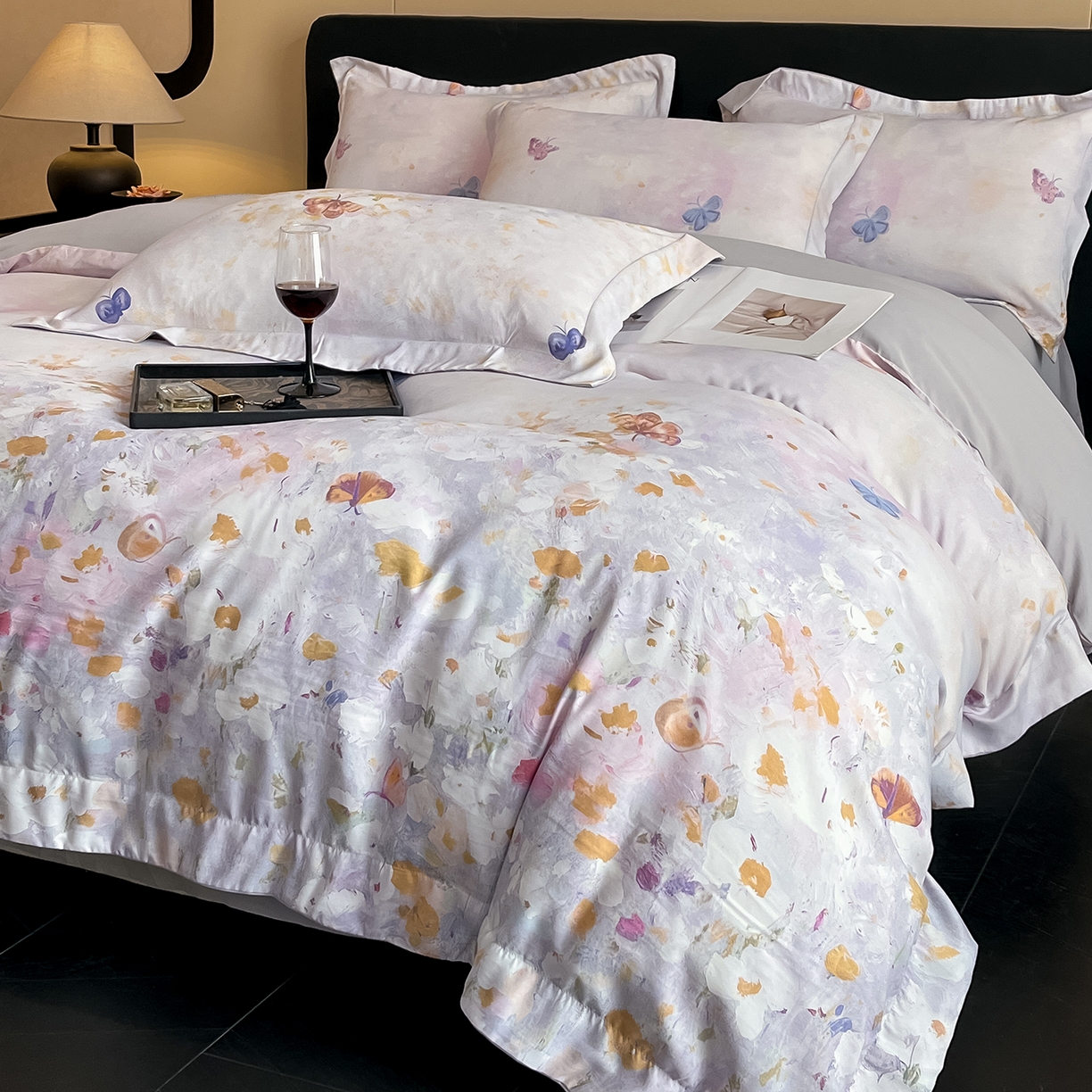 91家纺网 家纺一手货源 找家纺 经年 2026春夏新款天丝数码印花四件套-花漾蝶影 花漾蝶影-紫灰