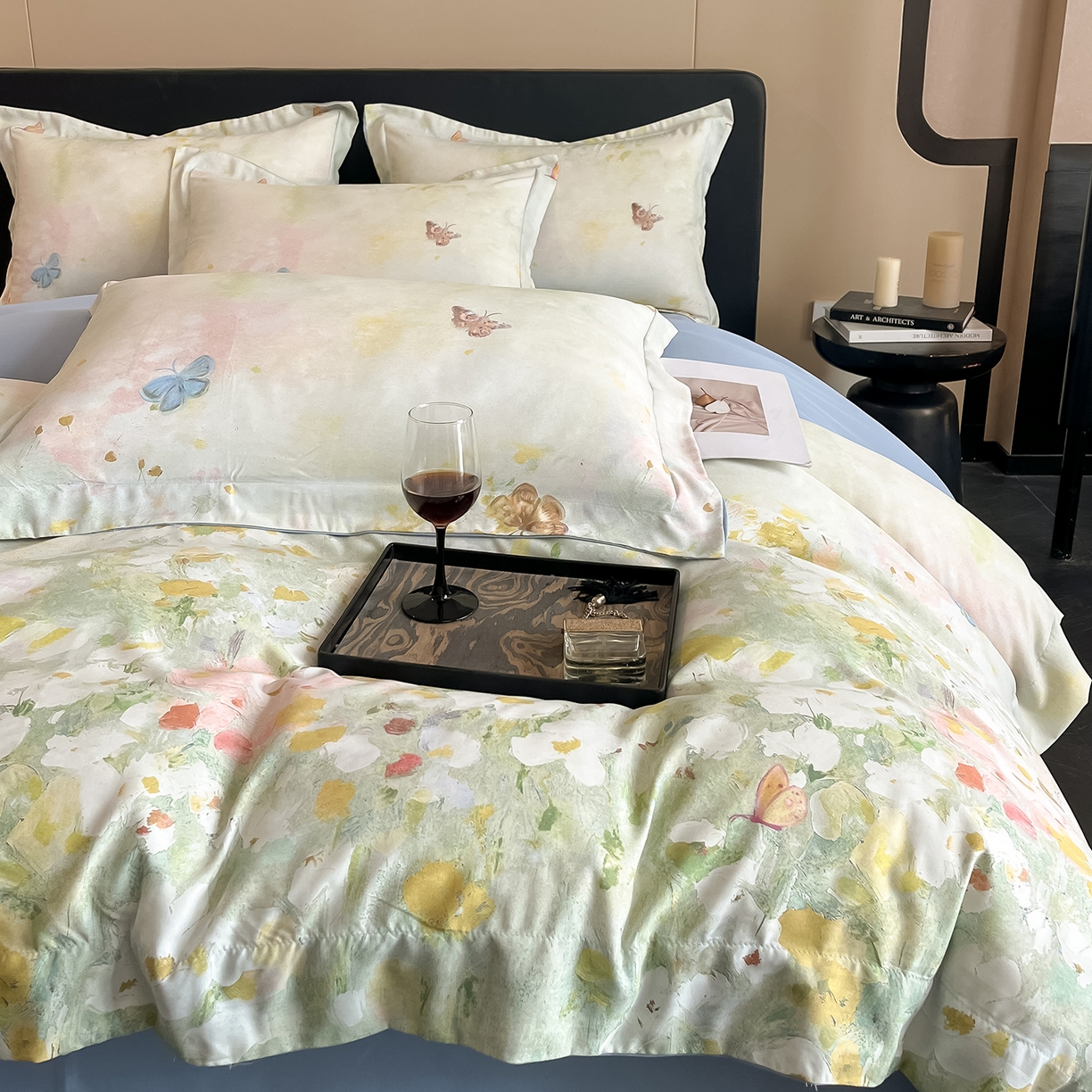 91家纺网 家纺一手货源 找家纺 经年 2026春夏新款天丝数码印花四件套-花漾蝶影 花漾蝶影-绿蓝