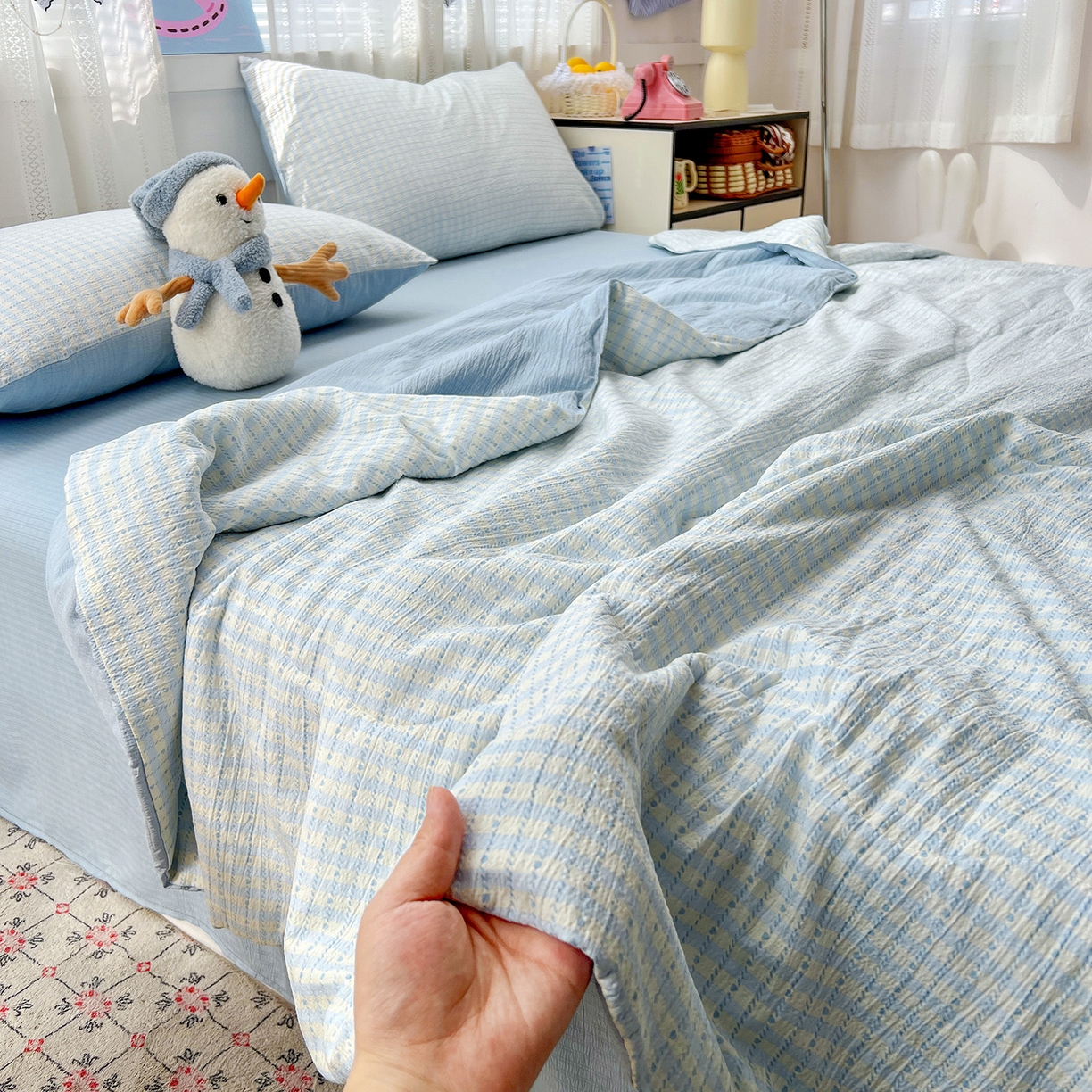 91家纺网 家纺一手货源 找家纺 王朝国际 2026新款A类彩竺棉印花夏被四件套 海盐甜心