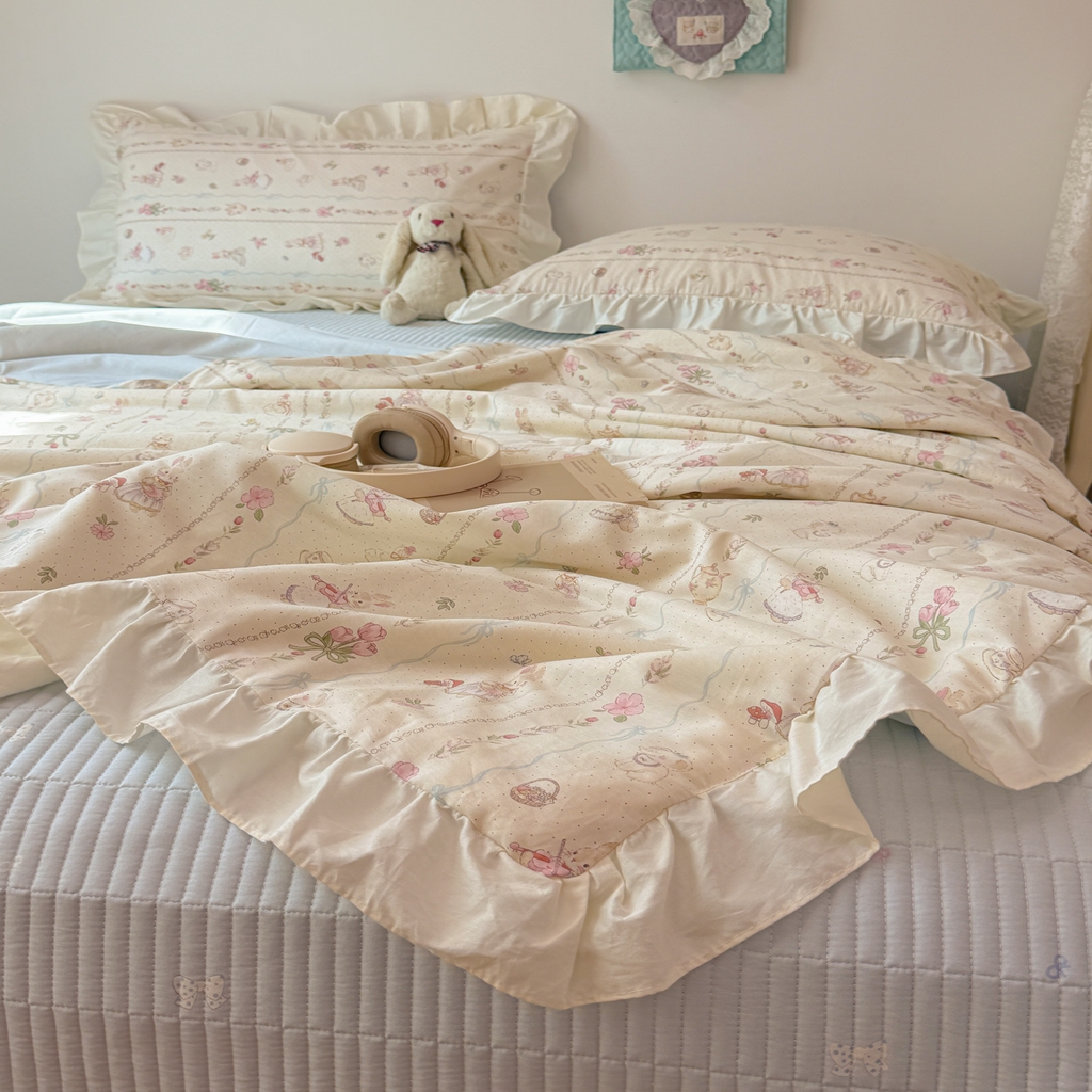 91家纺网 家纺一手货源 找家纺 （总）女子家纺 2026新款全棉花边夏被全棉床盖夏被四件套