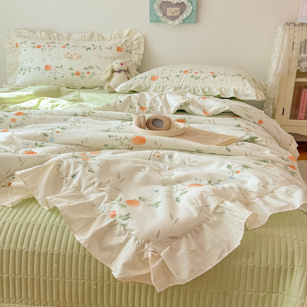 91家纺网 家纺一手货源 找家纺 女子家纺 2026新款全棉花边夏被全棉床盖夏被四件套 牵藤兔