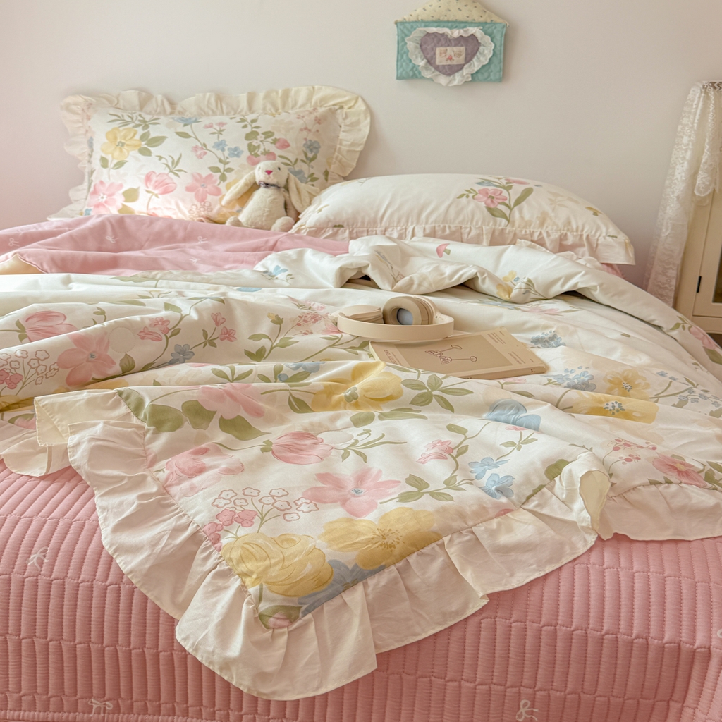 91家纺网 家纺一手货源 找家纺 女子家纺 2026新款全棉花边夏被全棉床盖夏被四件套 蕾丝花镜