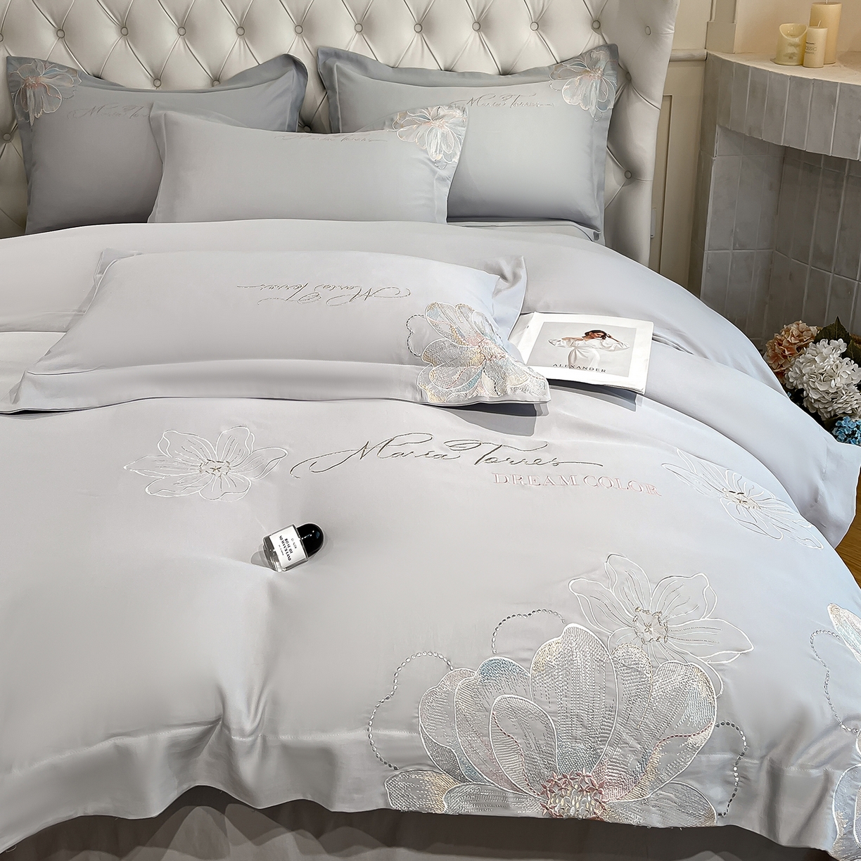 91家纺网 家纺一手货源 找家纺 经年 2026春夏新款天丝刺绣四件套-时光 时光-爵士灰