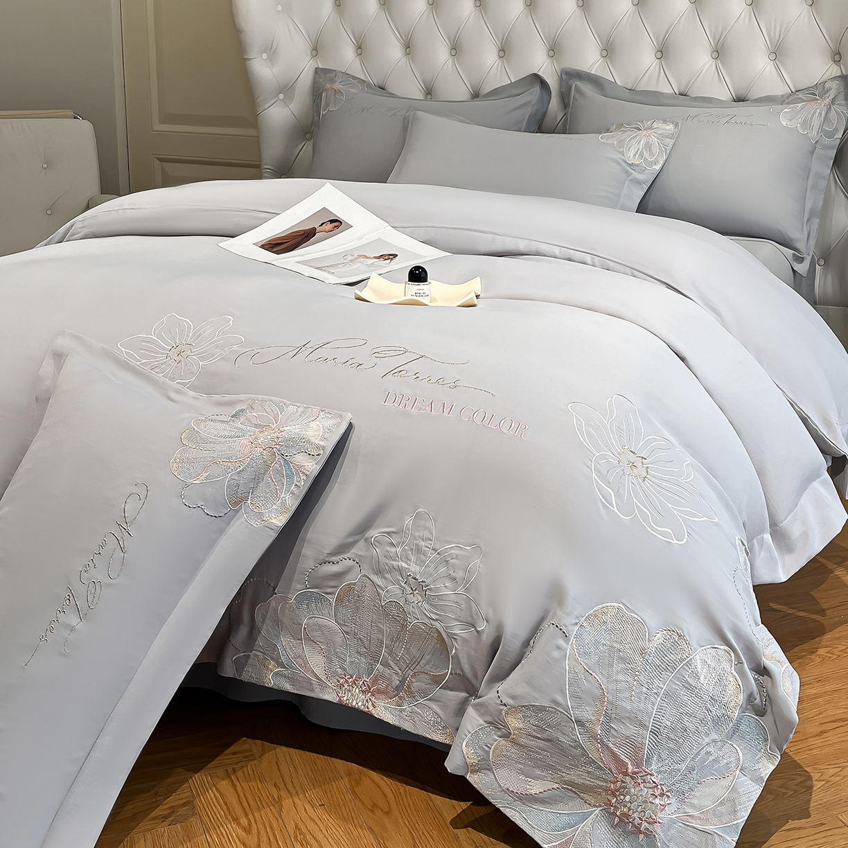 91家纺网 家纺一手货源 找家纺 经年 2026春夏新款天丝刺绣四件套-时光 时光-爵士灰