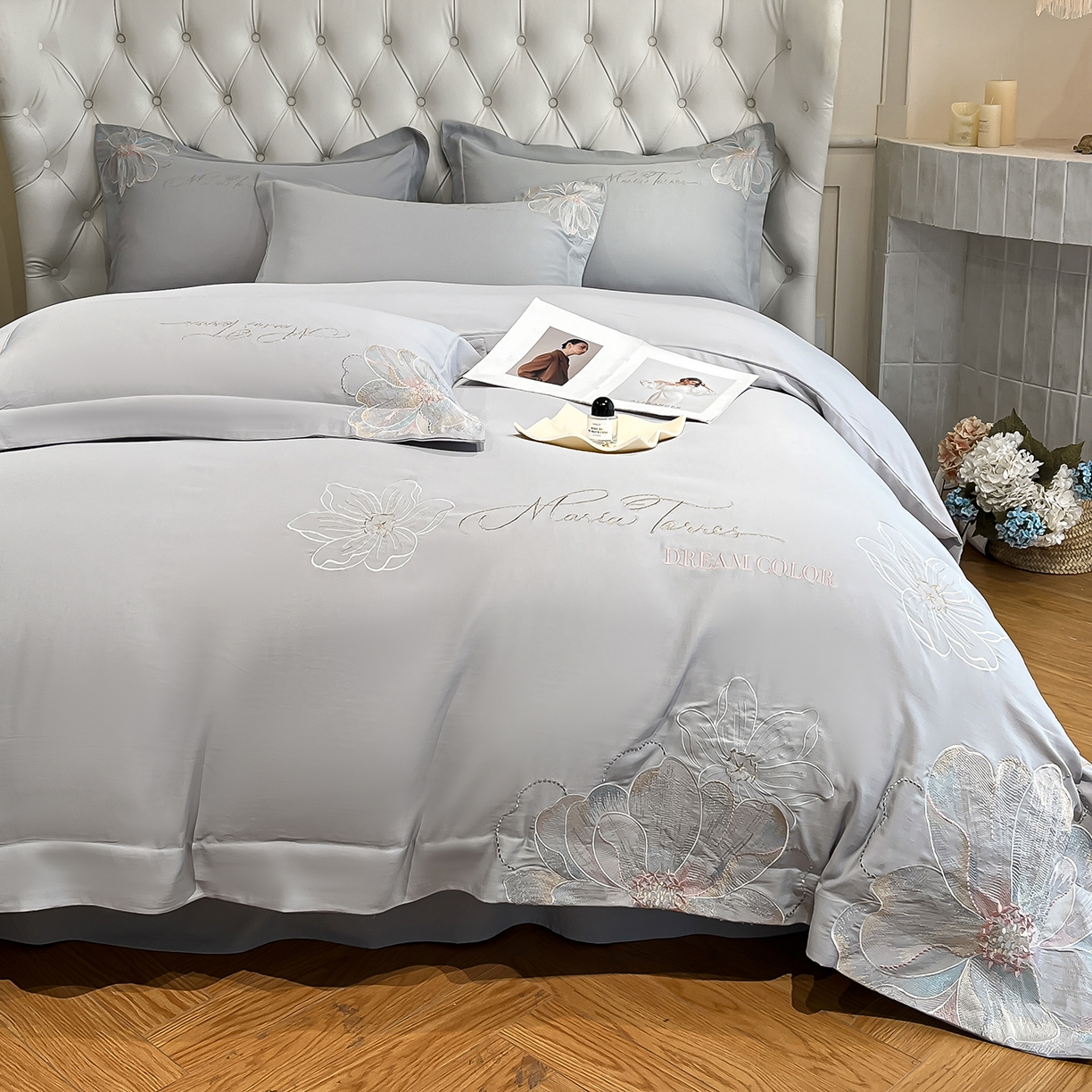 91家纺网 家纺一手货源 找家纺 经年 2026春夏新款天丝刺绣四件套-时光 时光-爵士灰