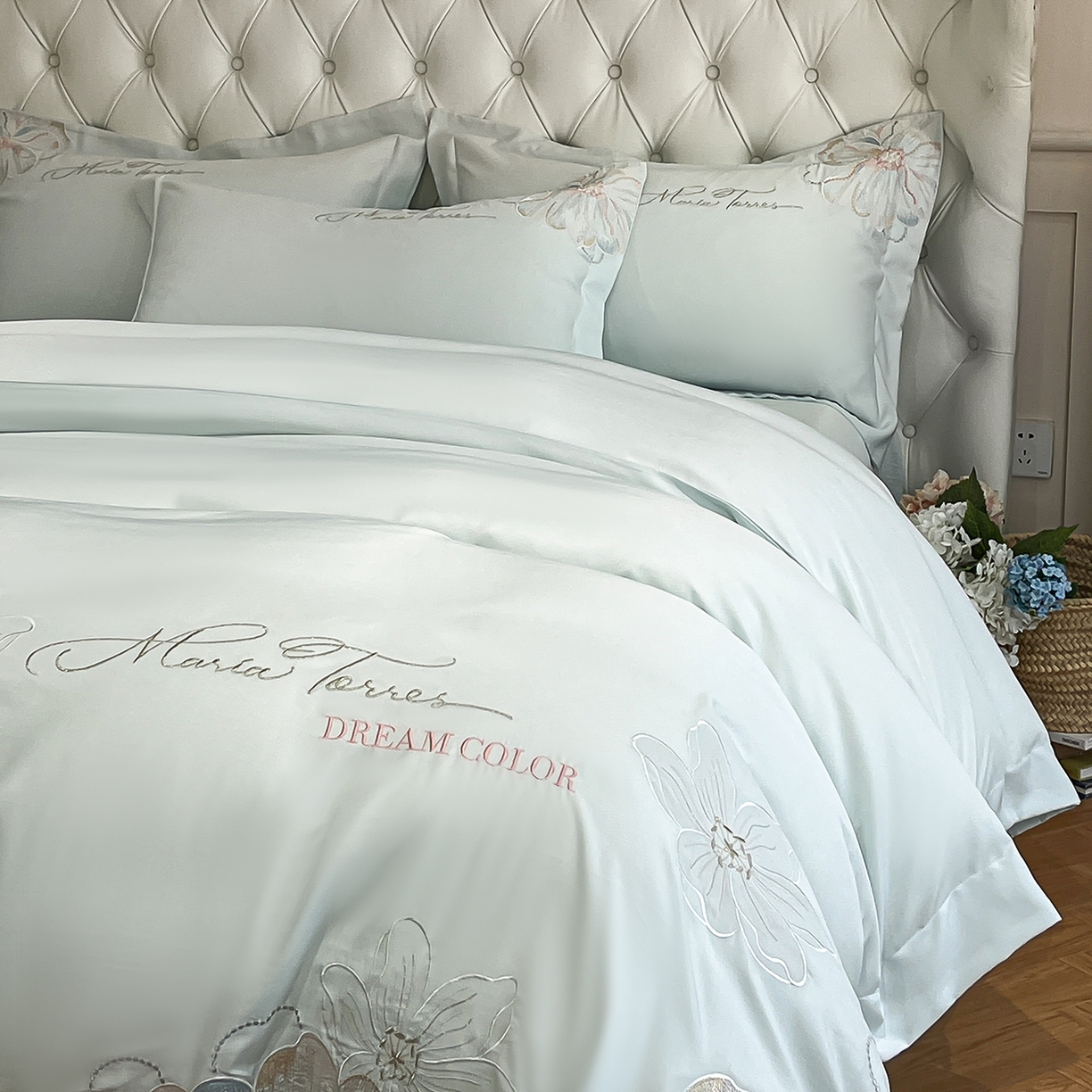 91家纺网 家纺一手货源 找家纺 经年 2026春夏新款天丝刺绣四件套-时光 时光-抹茶绿