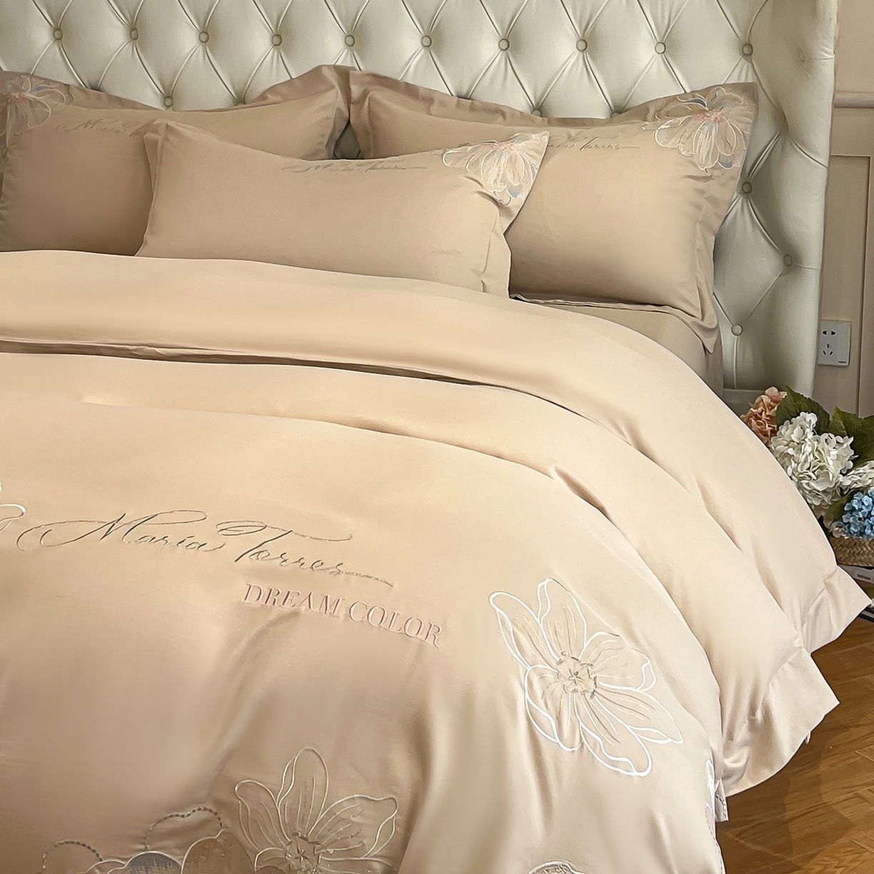 91家纺网 家纺一手货源 找家纺 经年 2026春夏新款天丝刺绣四件套-时光 时光-香槟