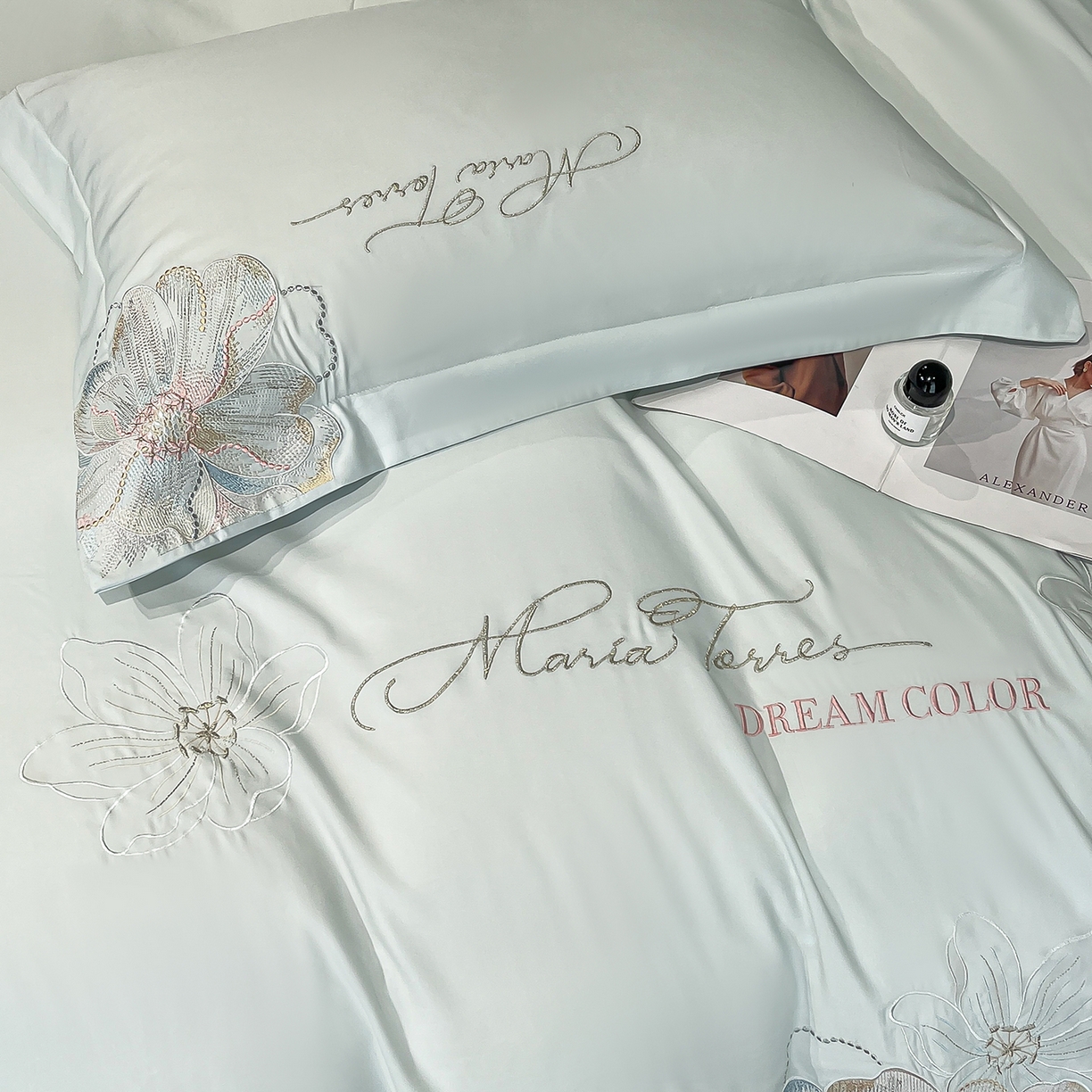 91家纺网 家纺一手货源 找家纺 经年 2026春夏新款天丝刺绣四件套-时光 时光-抹茶绿