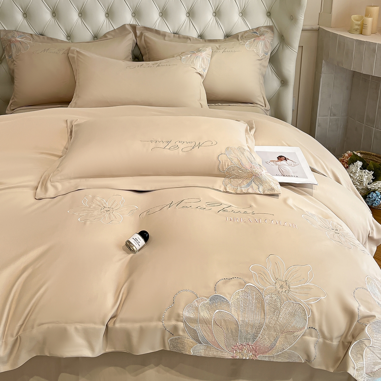 91家纺网 家纺一手货源 找家纺 经年 2026春夏新款天丝刺绣四件套-时光 时光-香槟