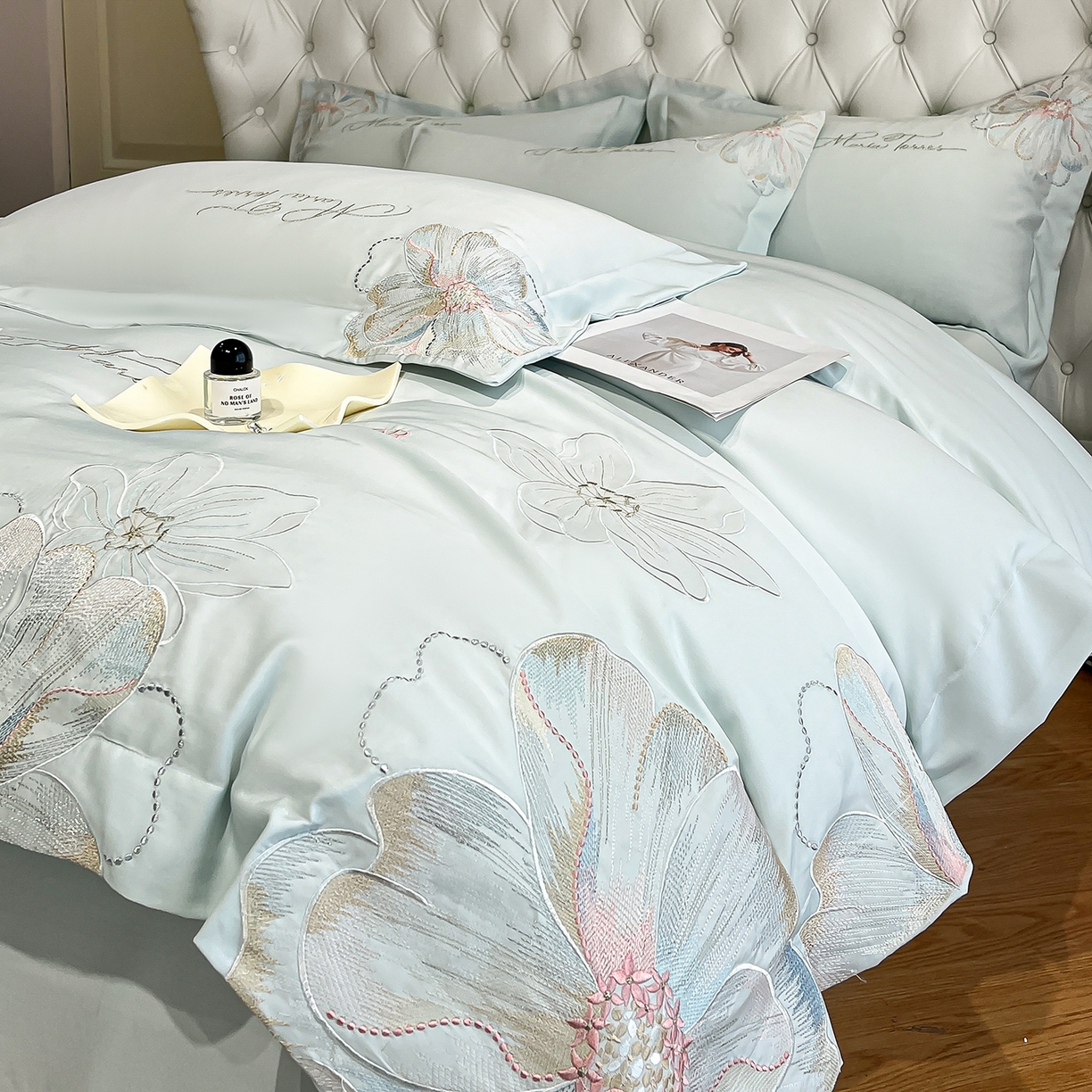 91家纺网 家纺一手货源 找家纺 经年 2026春夏新款天丝刺绣四件套-时光 时光-抹茶绿