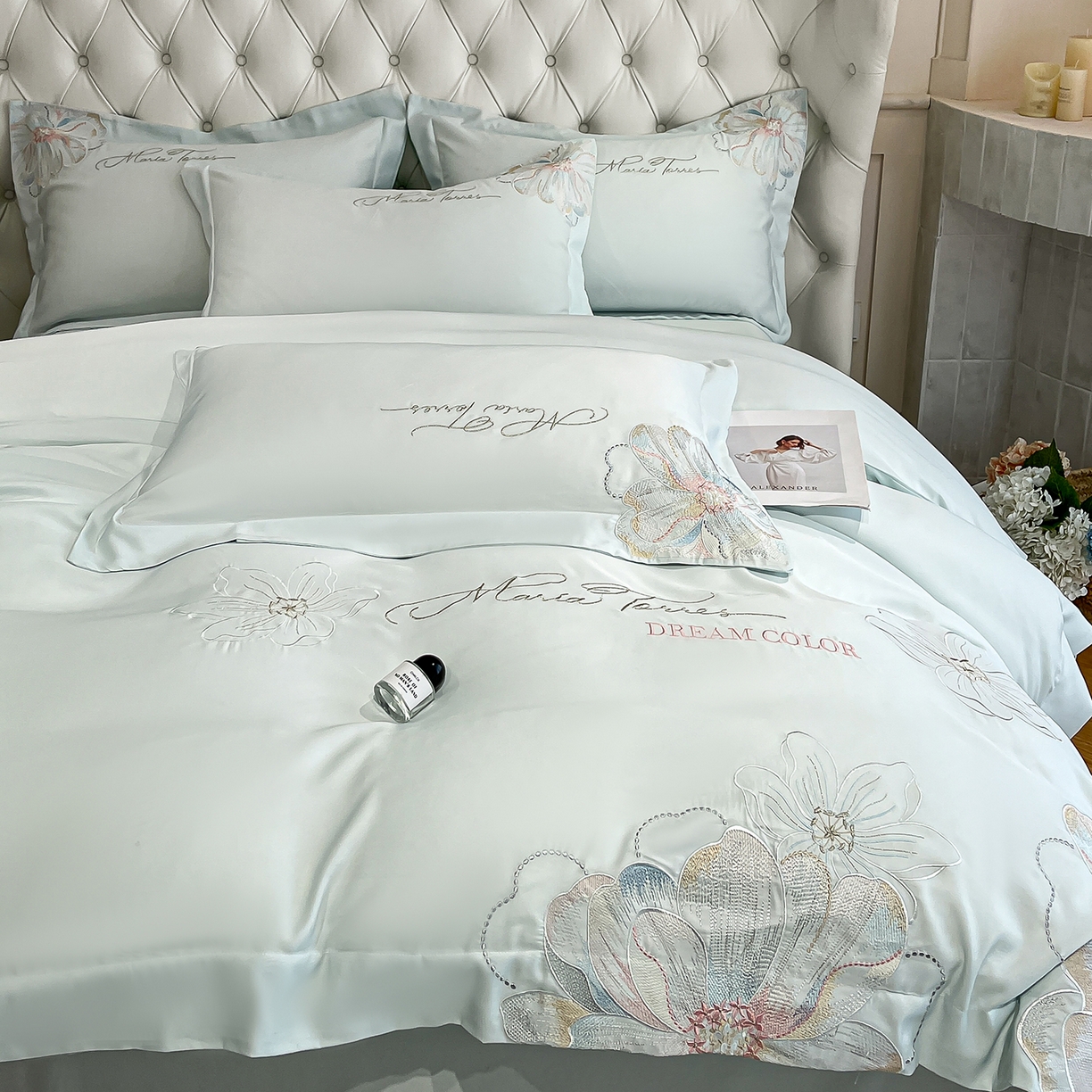 91家纺网 家纺一手货源 找家纺 经年 2026春夏新款天丝刺绣四件套-时光 时光-抹茶绿