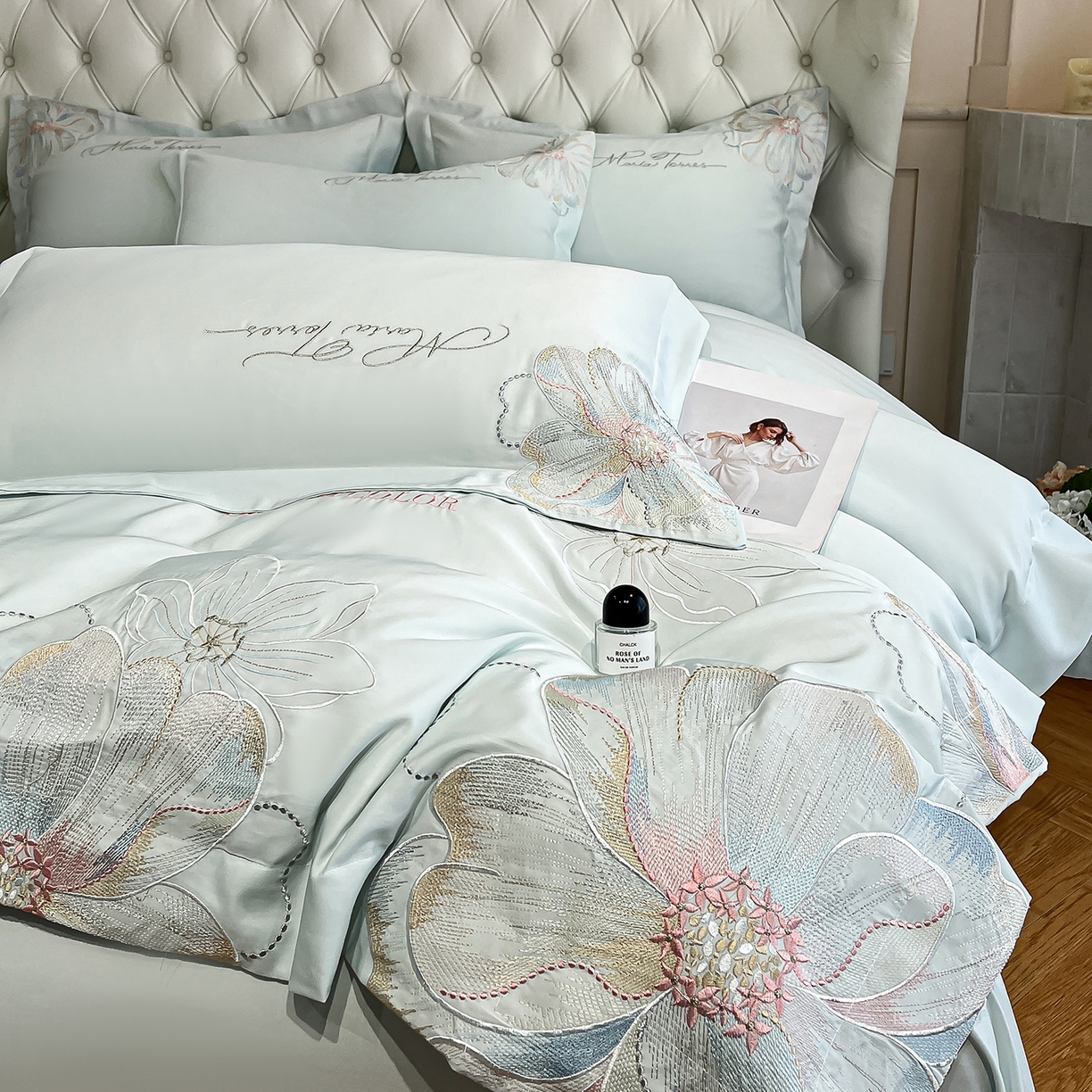 91家纺网 家纺一手货源 找家纺 经年 2026春夏新款天丝刺绣四件套-时光 时光-抹茶绿