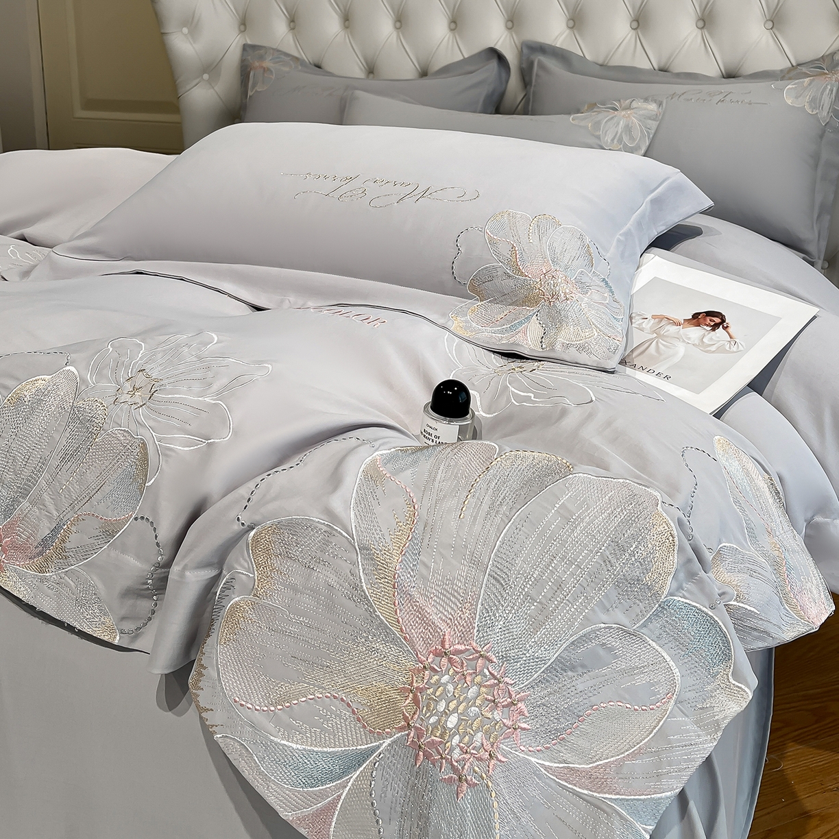 91家纺网 家纺一手货源 找家纺 经年 2026春夏新款天丝刺绣四件套-时光 时光-爵士灰