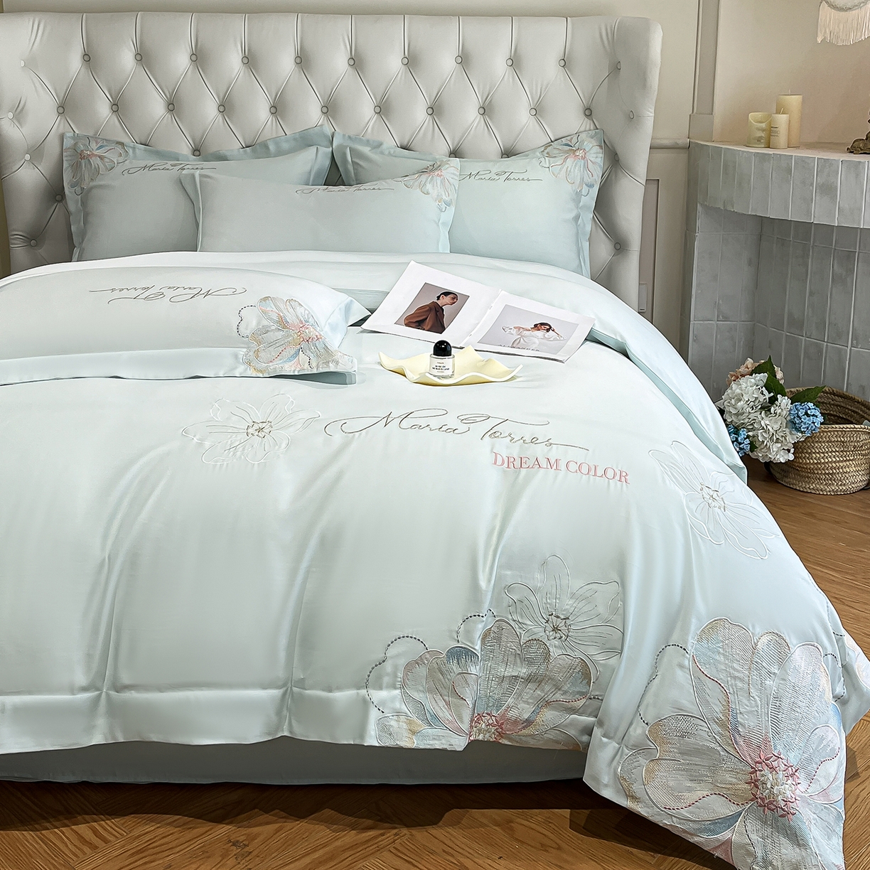 91家纺网 家纺一手货源 找家纺 经年 2026春夏新款天丝刺绣四件套-时光 时光-抹茶绿