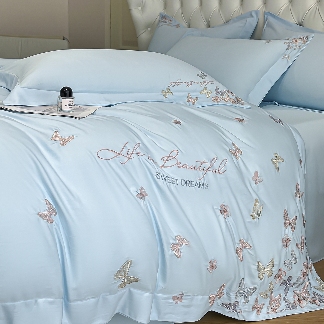 91家纺网 家纺一手货源 找家纺 经年 2026春夏新款天丝刺绣四件套-蝶恋 蝶恋-以太兰